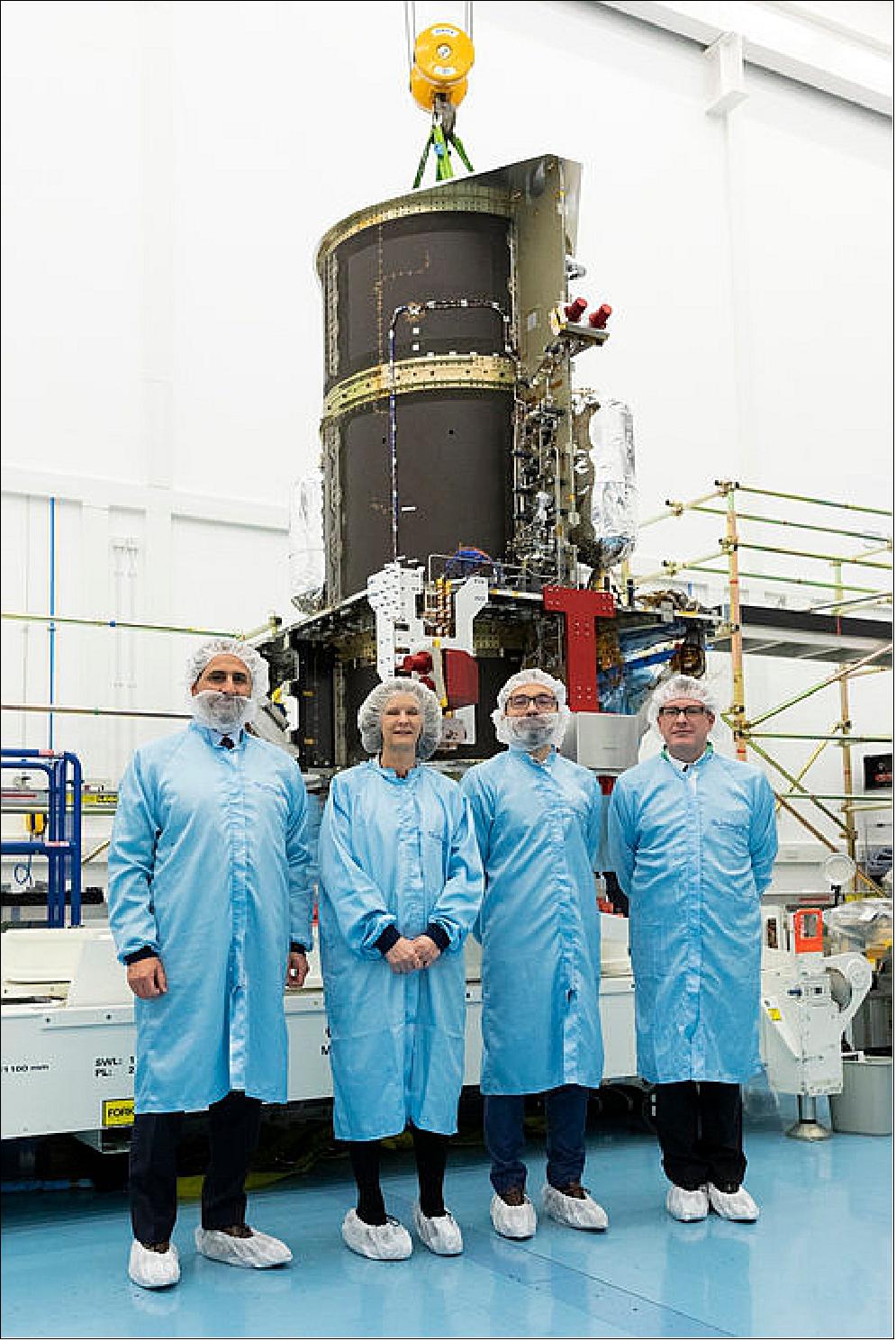 Figure 13: The partners for the Eutelsat Quantum mission are pictured. From left to right: Stéphane Lascar, ESA Head of the Telecommunications Satellite Program's Department, Sarah Parker, SSTL Managing Director, Yohann Leroy, Eutelsat Deputy CEO and Chief Technical Officer, and David Phillips, Airbus UK Head of UK Program (image credit: SSTL)