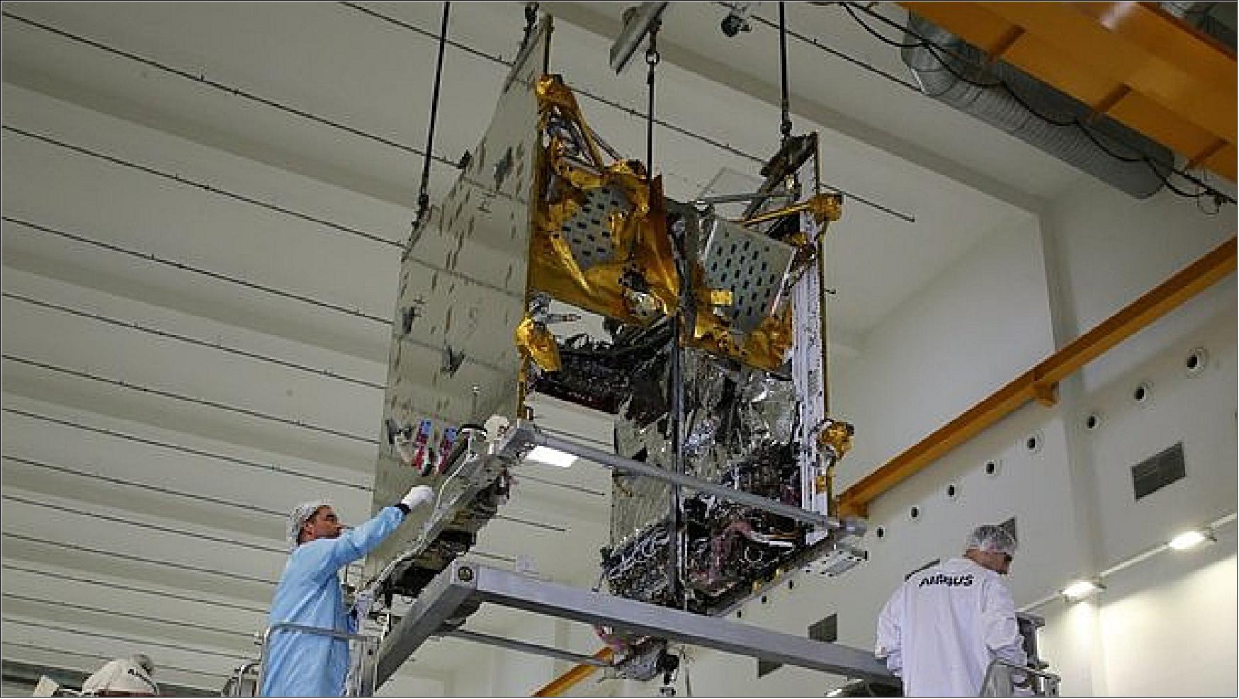 Figure 11: The communications module of Quantum is slowly lowered onto the service module (image credit: ESA, Airbus)