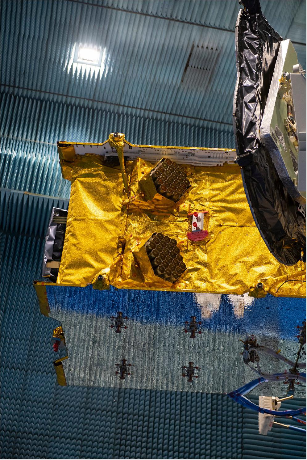 Figure 8: Detail of Quantum satellite in radio-frequency test chamber. The first European satellite capable of being completely repurposed after launch — developed within an ESA Partnership Project — has concluded its radio-frequency tests at a specialized facility in Toulouse. Quantum is the first ever software-defined satellite, preparing the way for the next generation of telecommunication satellites that can be reprogrammed in orbit. It offers unprecedented in-orbit reconfigurability in coverage, frequency and power, which allows for complete mission rehauls including changes in orbital position (image credit: ESA)