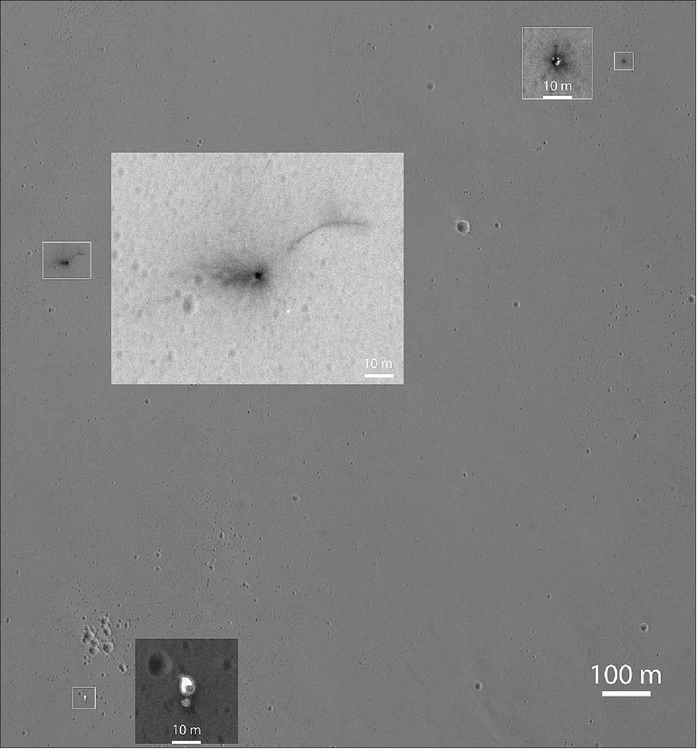 Figure 126: This Oct. 25, 2016, annotated image from the HiRISE camera on NASA's Mars Reconnaissance Orbiter shows the area where the Europe's Schiaparelli test lander struck Mars, with magnified insets of three sites where spacecraft components hit the ground. It adds detail not seen in earlier imaging of the site (image credit: NASA/JPL-Caltech/Univ. of Arizona)