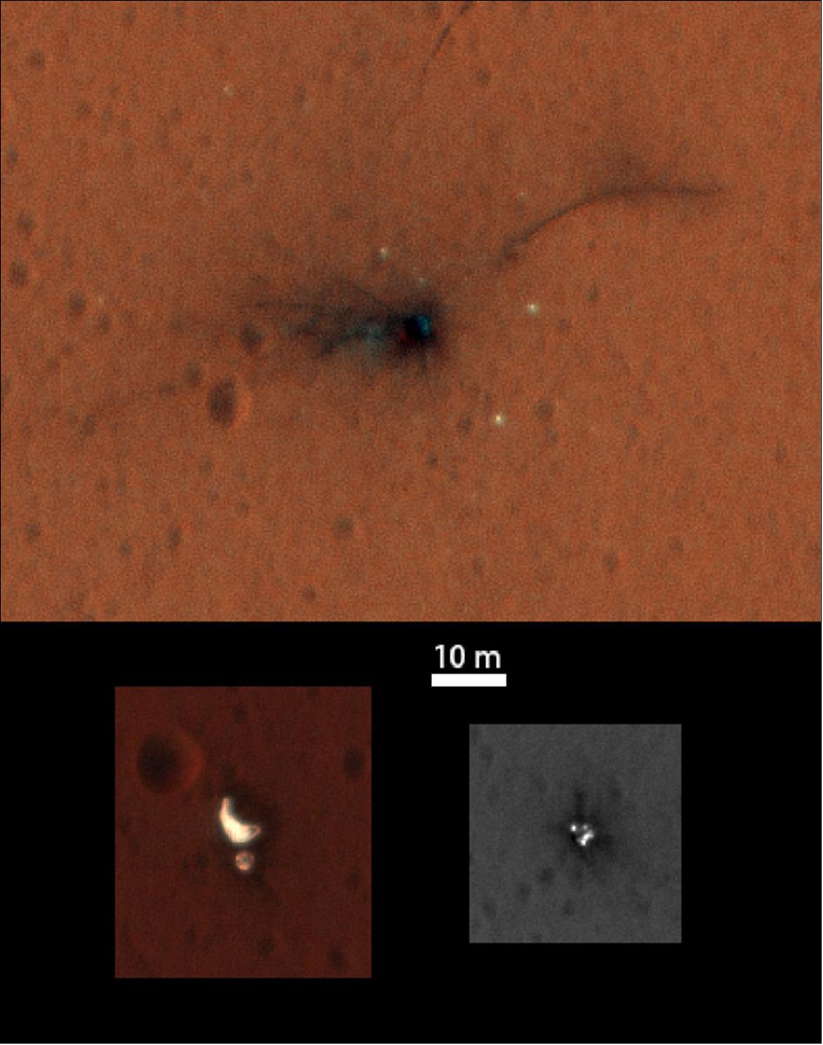 Figure 125: Composite of the ExoMars Schiaparelli module elements seen by NASA's HiRISE (High Resolution Imaging Science Experiment) on MRO on Nov. 1, 2016. Both the main impact site (top) and the region with the parachute and rear heatshield (bottom left) are now captured in the central portion of the HiRISE imaging swath that is imaged through three different filters, enabling a color image to be constructed. The front heatshield (bottom right) lies outside the central color imaging swath (image credit: NASA/JPL-Caltech/University of Arizona)