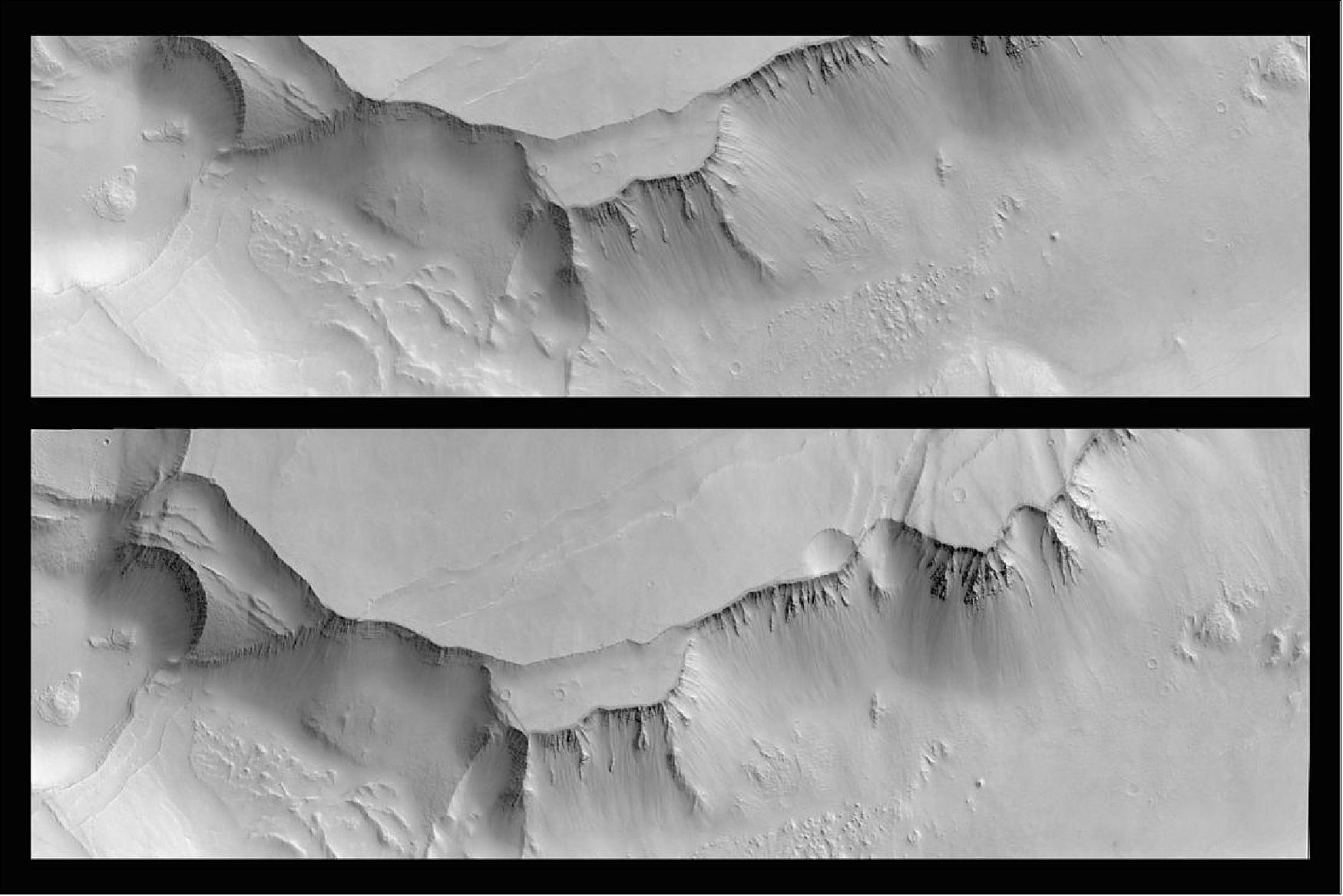 Figure 112: The images together form a stereo pair of part of the Noctis Labyrinthus region of Mars. The camera takes one image looking slightly forwards (bottom image in this orientation, acquired on Nov. 22, 2016), and then, after having flown over the area, it rotates to look ‘back’ to take the second part of the image (top), in order to see the same region of the surface from two different angles (image credit: ESA/Roscosmos/CaSSIS – CC BY-SA IGO 3.0)