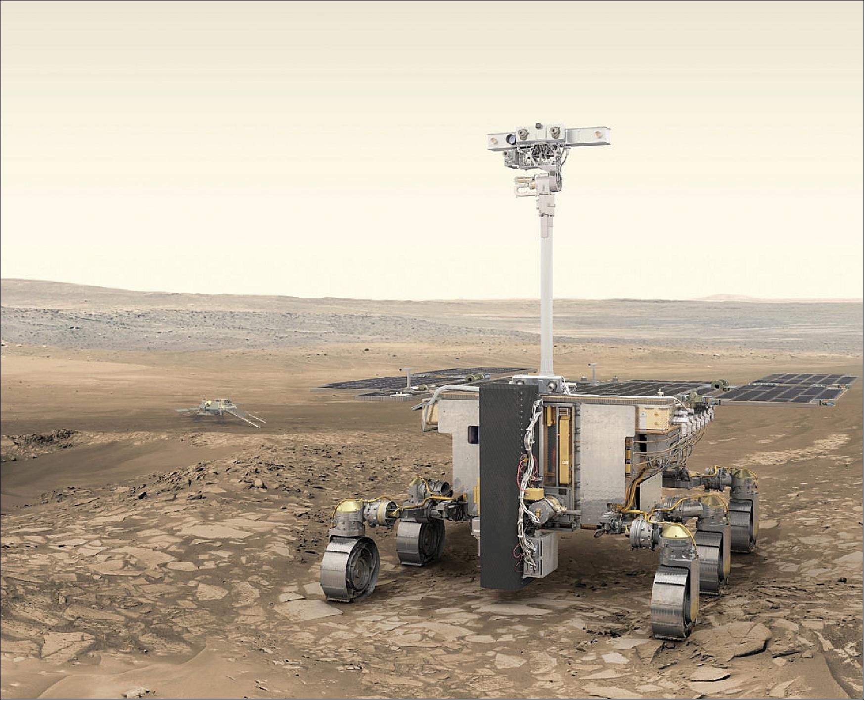 Figure 106: ESA’s ExoMars rover (foreground) and Russia’s stationary surface science platform (background) are scheduled for launch in July 2020, arriving at Mars in March 2021. The Trace Gas Orbiter, which has been at Mars since October 2016, will act as a relay station for the mission, as well as conducting its own science mission (image credit: ESA/ATG medialab)