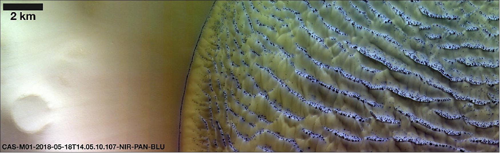 Figure 89: This CaSSIS image was acquired on 18 May 2018, showing a dune field inside a crater near the south polar region of Mars (image credit: ESA/Roscosmos/CaSSIS, CC BY-SA 3.0 IGO)