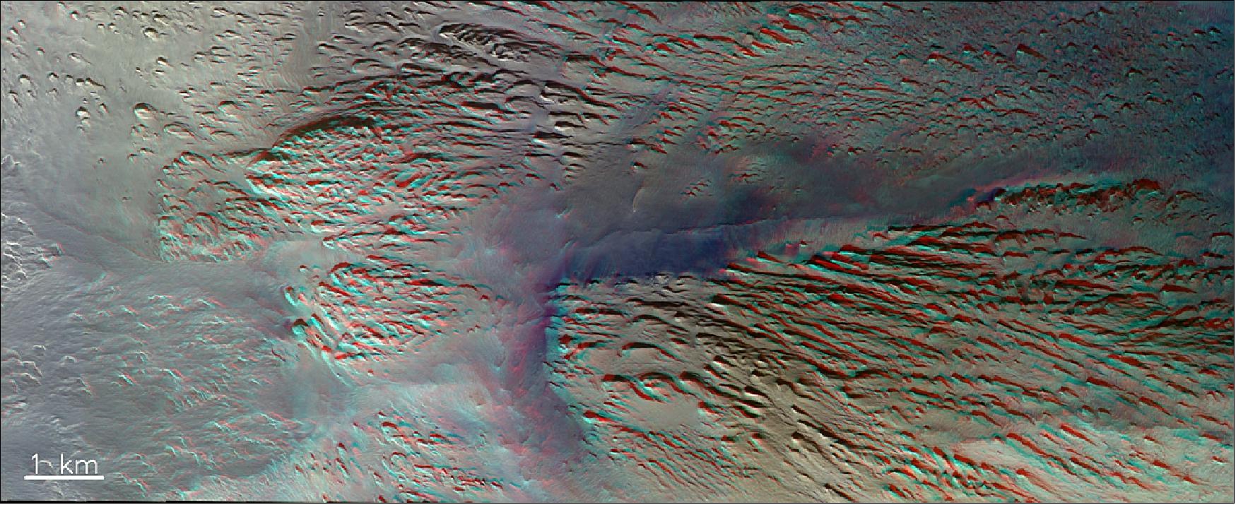 Figure 84: This image shows a part of Tithonium Chasma, on the western side of the Vallis Marineris region – also known as the ‘Grand Canyon’ of Mars. The observed area is part of the Western Tithonium Dome. Rocky outcrops are seen at different elevations – best seen when viewed through red-blue stereo ‘3D’ glasses. The structures have been interpreted as the result of erosion – perhaps by flowing water. Bluer hues indicate dust. The image was created from a stereo pair taken by the CaSSIS instrument onboard the ESA-Roscosmos ExoMars TGO on 5 February 2019 (image credit: ESA/Roscosmos/CaSSIS, CC BY-SA 3.0 IGO)