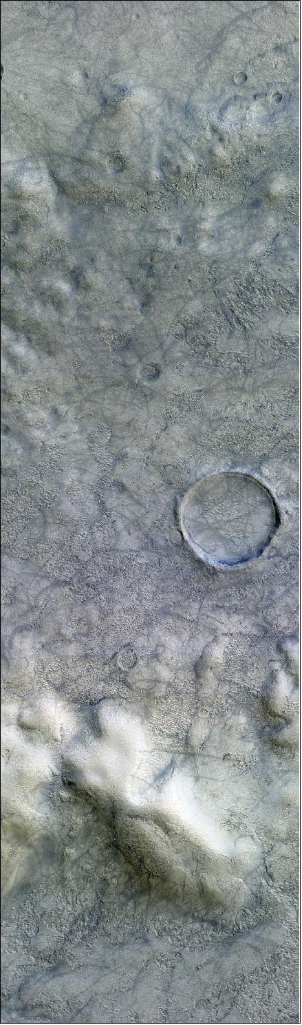 Figure 72: As seen in this image, not much can stand in the way of a dust devil: they sweep up the sides of mounds, and down across the floors of impact craters alike. The image was taken on 4 January 2019, and shows a region northeast of Copernicus Crater, in the Cimmeria region of Mars. It captures an area measuring 7.2 x 31 km. North is towards the top left corner in this view. The image has been geometrically rectified and resampled to 4 m/pixel (image credit: ESA/Roscosmos/CaSSIS, CC BY-SA 3.0 IGO)
