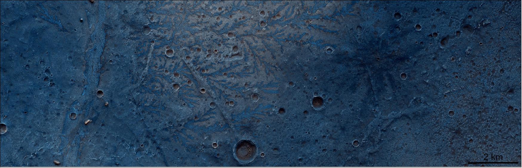 Figure 42: Leaf-like structures in Antoniadi impact crater. This image, captured on 25 March 2020, shows the bottom of the 400 km in diameter Antoniadi impact crater, which is located in the northern hemisphere of Mars in the Syrtis Major Planum region. The blue color of the image, centered at 21.0ºN, 61.2ºE, does not represent the real color of the crater floor but highlights the diversity of the rock composition inside the impact crater (image credit: ESA/ExoMars/CaSSIS)