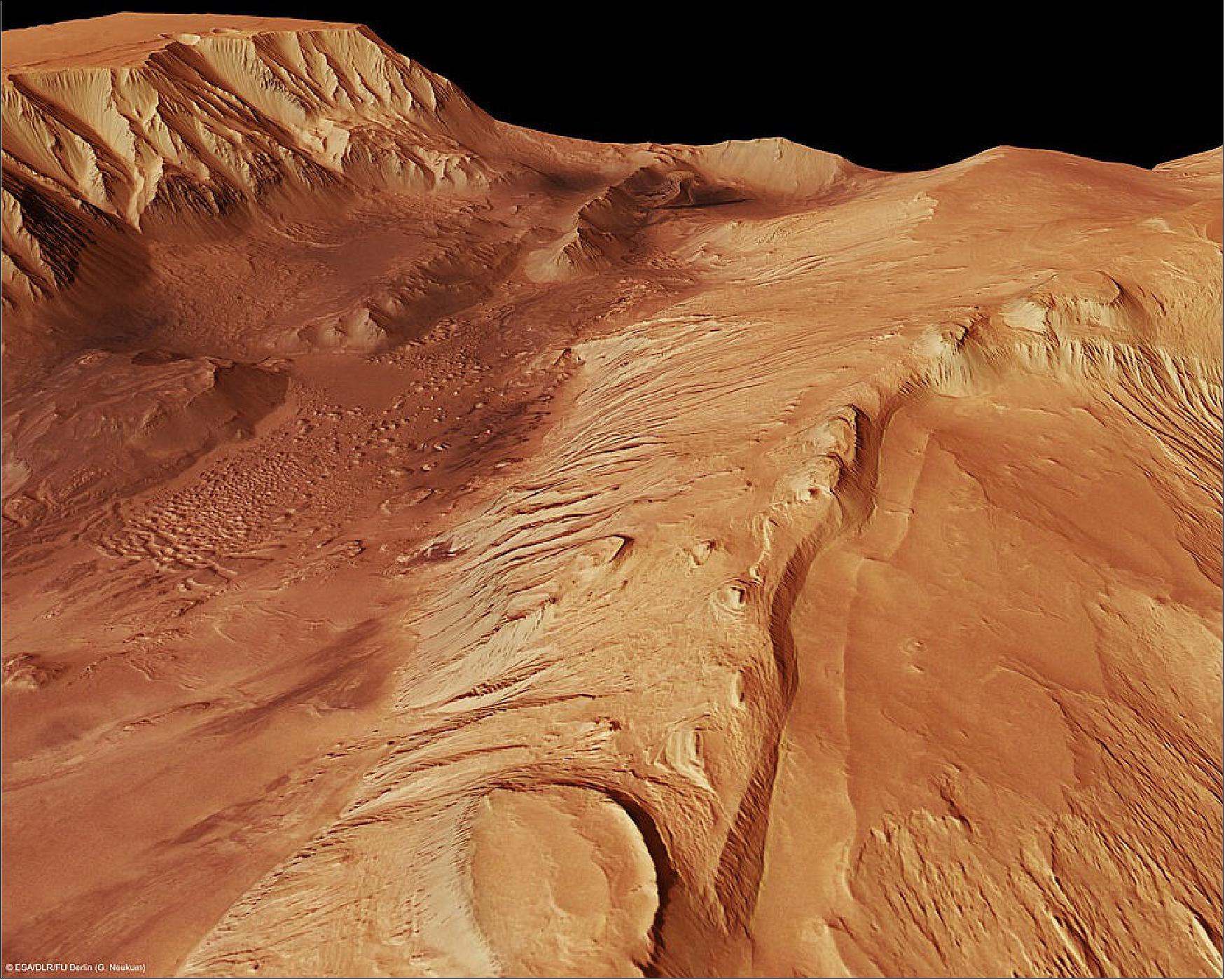 Figure 14: Mars Express took snapshots of Candor Chasma, a valley in the northern part of Valles Marineris, as it was in orbit above the region on 6 July 2006. The High Resolution Stereo Camera on the orbiter obtained the data in orbit number 3195, with a ground resolution of approximately 20 m/pixel. Candor Chasma lies at approximately 6º south and 290º east (image credit: ESA/DLR/FU Berlin (G. Neukum), CC BY-SA 3.0 IGO)