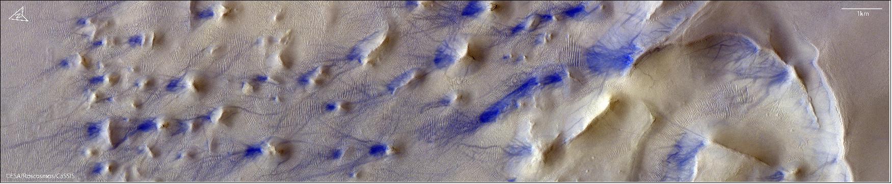 Figure 9: The image was taken by the CaSSIS camera onboard the ESA/Roscosmos ExoMars Trace Gas Orbiter (TGO) on 1 February 2021, and shows part of Argyre Planitia, centred at 46.2ºS/318.3ºE (image credit: ESA/Roscosmos/CaSSIS, CC BY-SA 3.0 IGO)