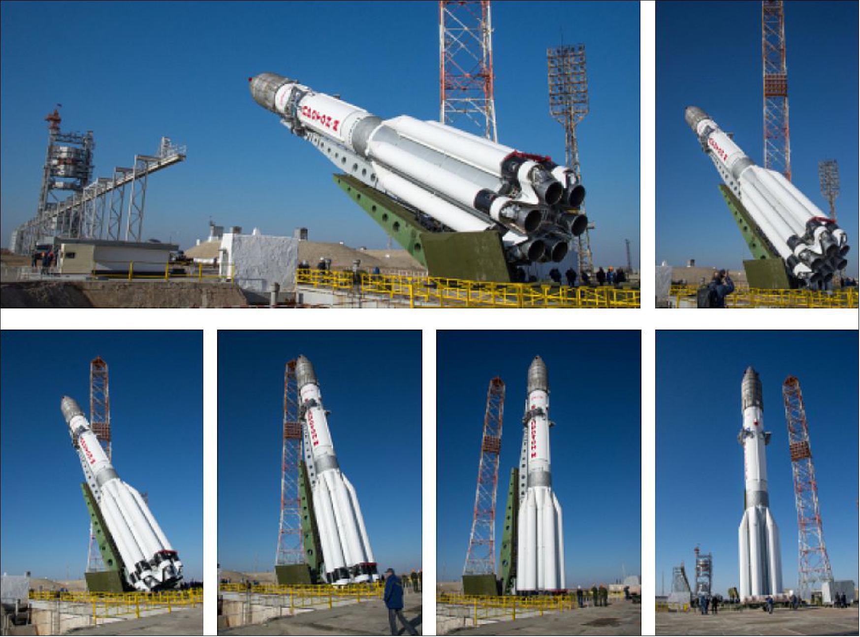 Figure 7: Proton-M rocket with ExoMars 2016 Trace Gas Orbiter and Schiaparelli module at the launch pad in Baikonur, Kazakhstan (image credit: ESA, B. Bethge) 17)