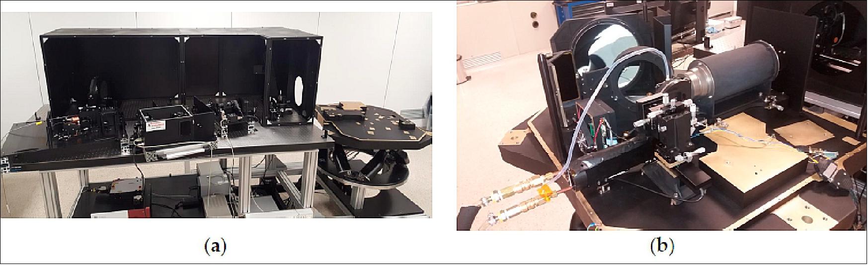 Figure 27: (a) Optical Ground Support Equipment (OGSE) used for the phase A-B1 tests of the FLORIS BreadBoard (BB), (b) FLORIS BB for telescope and HR spectrometer (image credit: FLEX collaboration)