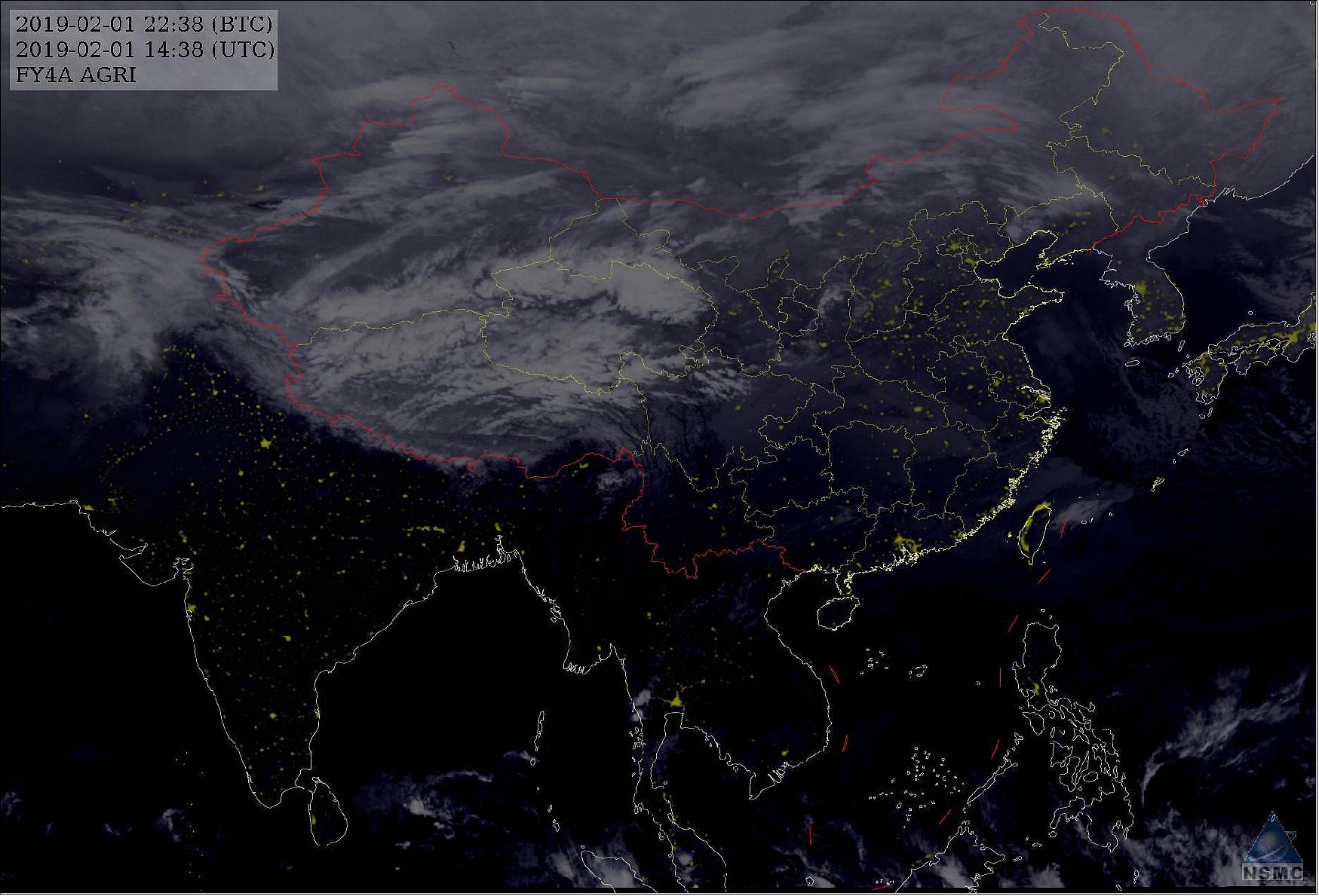 Figure 4: Image of the China region acquired with AGRI on 1 February 2019 (image credit: NSMC)