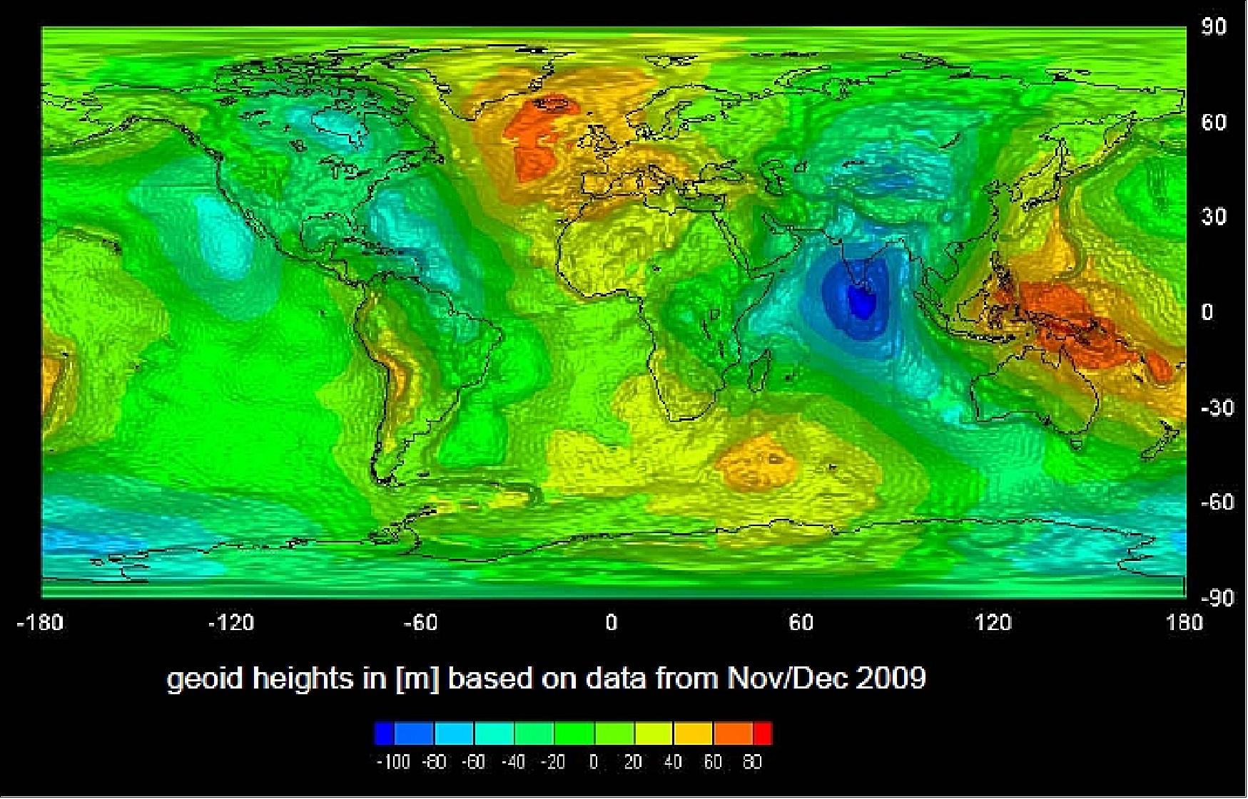 Figure 50: The first global gravity model based on GOCE satellite data covering only two months (Nov. - Dec. 2009), image credit: HPF (High-level Processing Facility) 84)