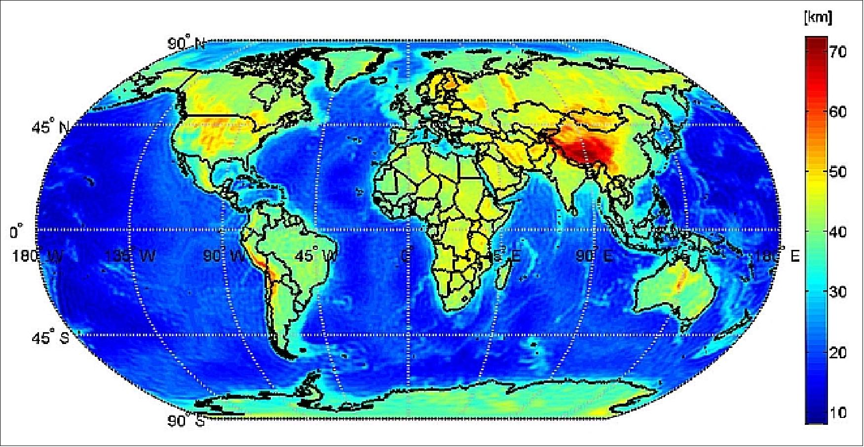 Figure 48: Distribution of the global Mohorovičić discontinuity – known as Moho – based on data from the GOCE satellite (image credit: ESA, GEMMA project)