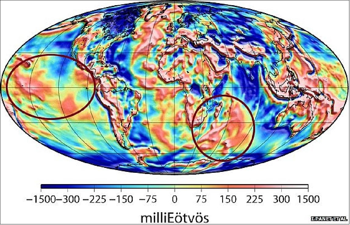 Figure 37: GOCE detects deep plumes of mantle material rising from more than 2,000 km down (image credit: I. Planet and analysis team)