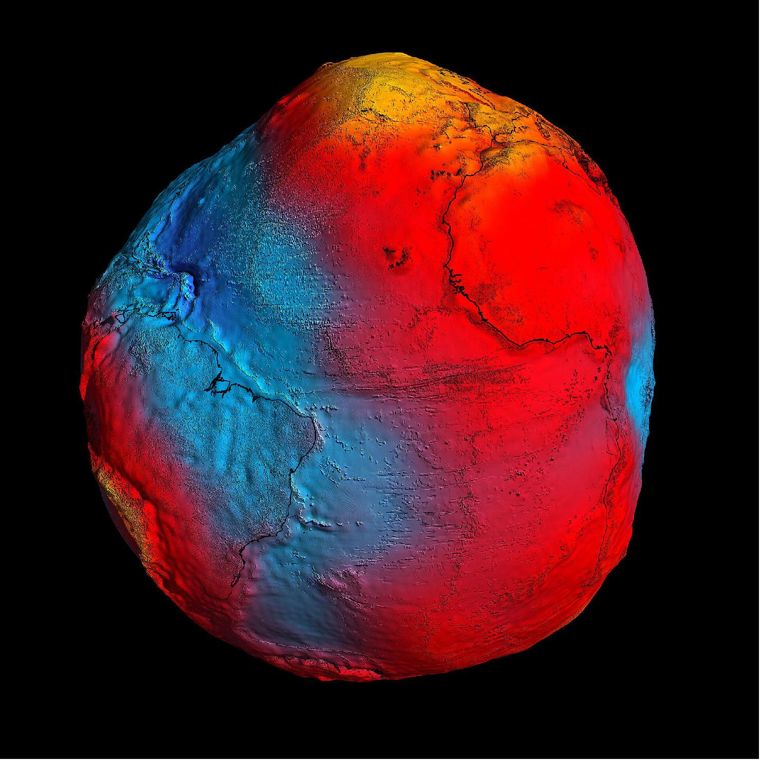 Figure 20: New GOCE geoid. The colours in the image represent deviations in height (–100 m to +100 m) from an ideal geoid. The blue shades represent low values and the reds/yellows represent high values. A precise model of Earth's geoid is crucial for deriving accurate measurements of ocean circulation, sea-level change and terrestrial ice dynamics. The geoid is also used as a reference surface from which to map the topographical features on the planet. In addition, a better understanding of variations in the gravity field will lead to a deeper understanding of Earth's interior, such as the physics and dynamics associated with volcanic activity and earthquakes (image credit: ESA/HPF/DLR)
