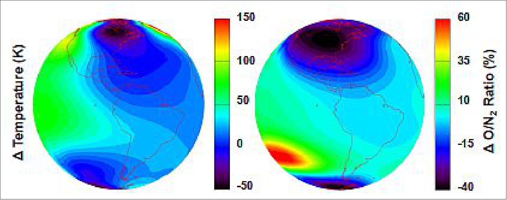 Figure 36: Modeled changes (from TIEGCM) in upper atmosphere during a geomagnetic storm, one example of the space weather effects that GOLD will observe (image credit: GOLD Team)