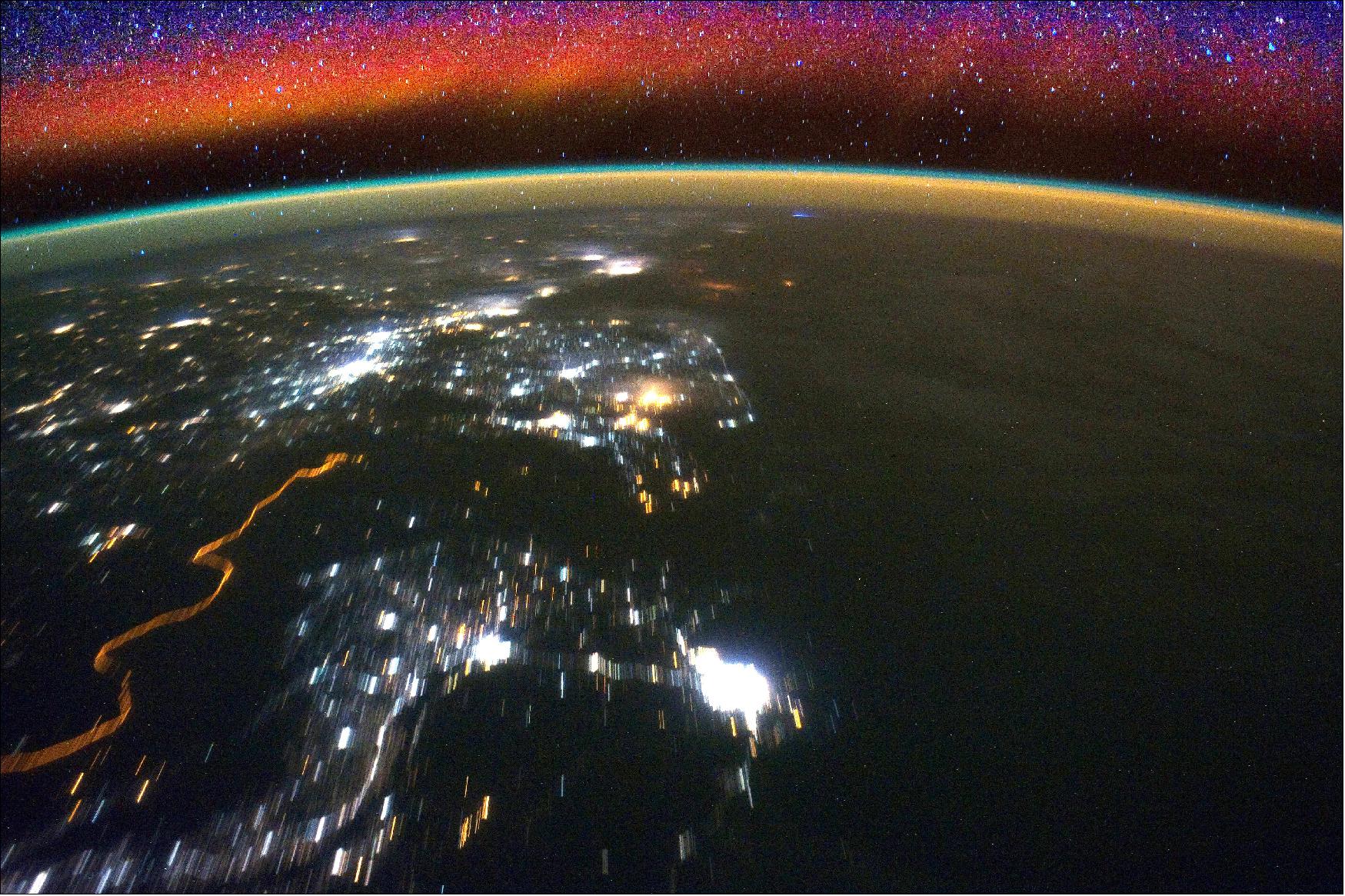 Figure 15: Processes in Earth’s upper atmosphere create bright swaths of color known as airglow, as seen here in an image taken from the International Space Station (image credit: NASA)