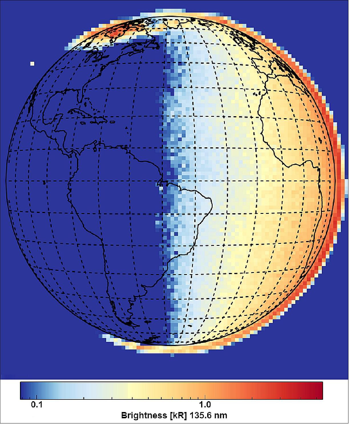 Figure 30: Shown here is the “first light” image of ultraviolet atomic oxygen emission (135.6 nm wavelength) from the Earth’s upper atmosphere captured by NASA’s GOLD instrument. It was taken at approximately 6 a.m. local time, near sunrise in eastern South America. The colors correspond to emission brightness, with the strongest shown in red and the weakest in blue. This emission is produced at altitudes around 160 km (note how it extends above the Earth’s surface on the horizon), when the Earth’s upper atmosphere absorbs high energy photons and particles. The aurora, at the top and bottom of the image, and daytime airglow, on the right hand side, are also visible. An ultraviolet star, 66 Ophiuchi (HD 164284), is visible above the western horizon of the Earth. Outlines of the continents and a latitude-longitude grid have been added for reference (image credit: LASP/GOLD science team)