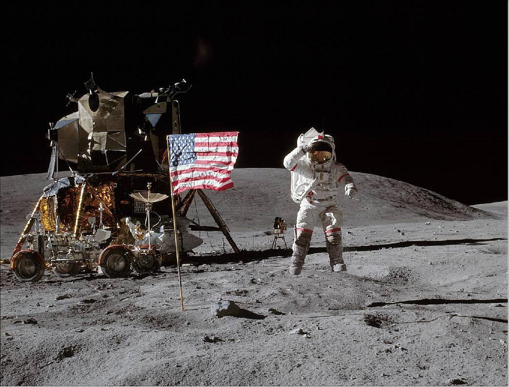 Figure 26: Astronaut John W. Young leaps from the lunar surface as he salutes the United States flag at the Descartes landing site during the first Apollo 16 extravehicular activity. Astronaut Charles M. Duke Jr., lunar module pilot, took this picture. The Lunar Module "Orion" is on the left. The Lunar Roving Vehicle is parked beside Orion and the object behind Young (in the shadow of the Lunar Module) is the Far Ultraviolet Camera/Spectrograph (image credit: NASA)