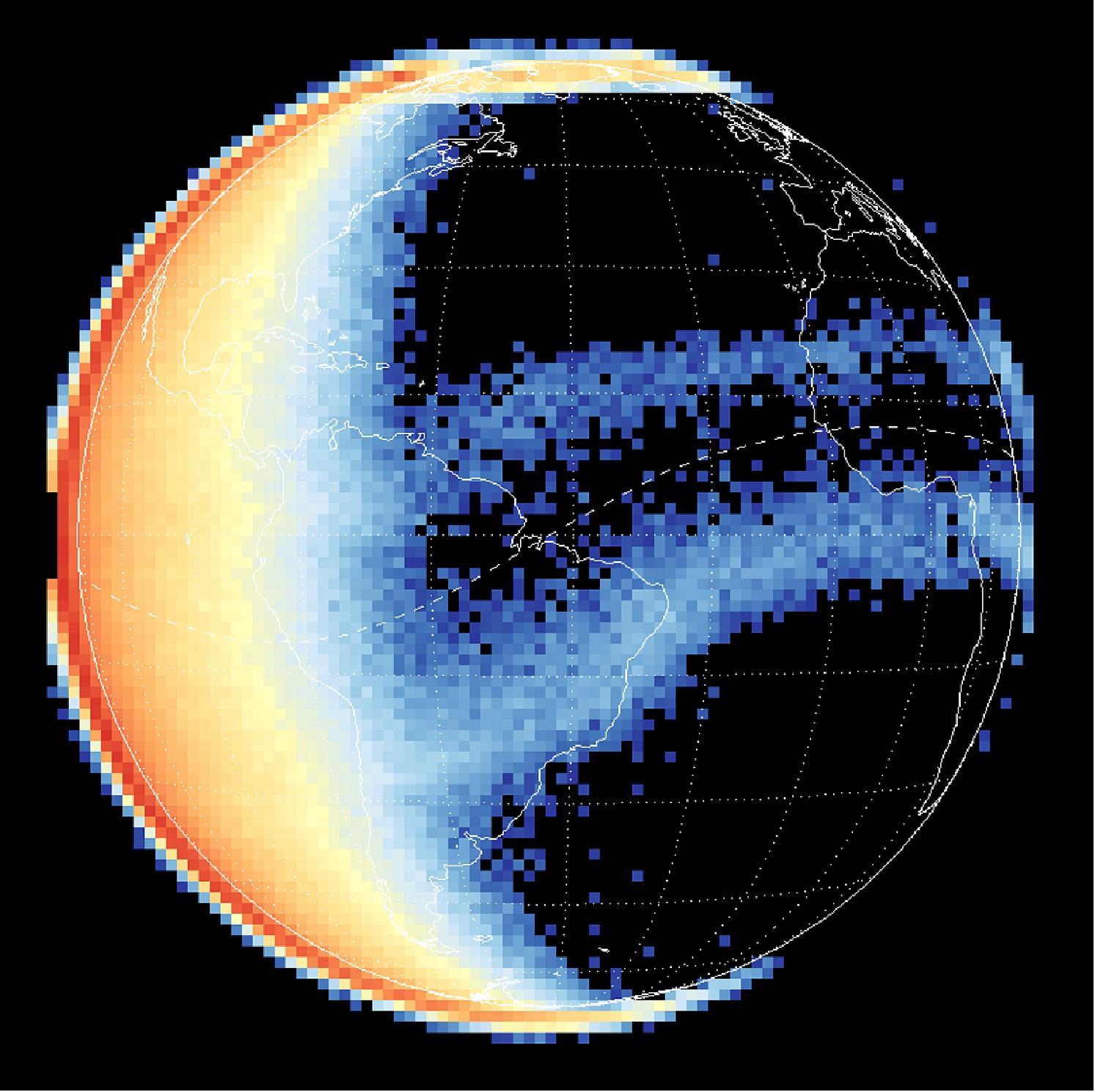 Figure 23: This October 15, 2018, GOLD image of daytime airglow clearly shows the equatorial ionization anomaly (EIA) as two arcs on either side of the magnetic equator, which extend across the nightside of the disk. The colors represent an increase in oxygen emissions from blue to red, with the left side of the Earth lit by the Sun, which has set over most of South America (image credit: GOLD)