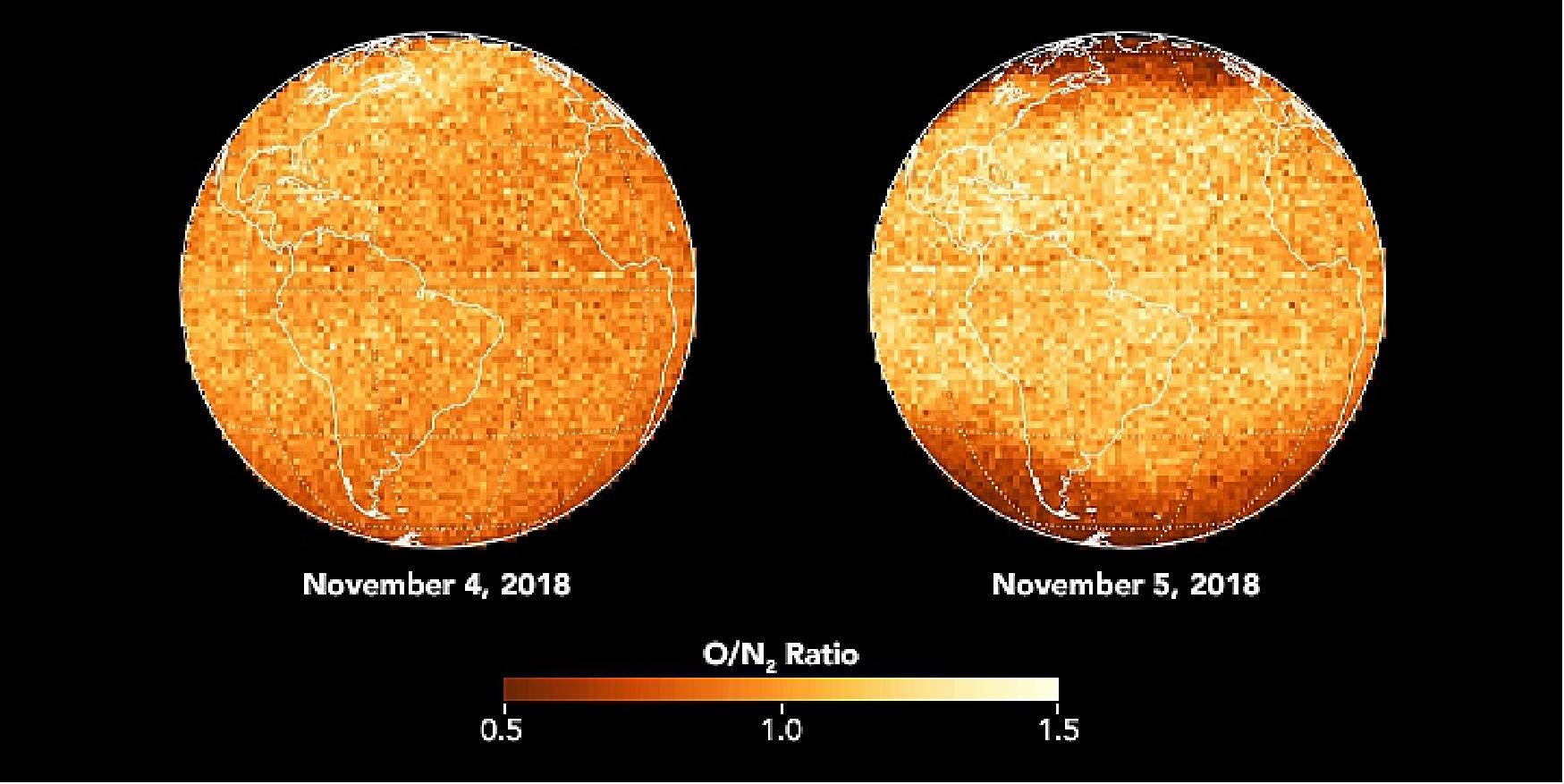 Figure 20: This image pair shows changes in the composition of the neutral atmosphere over the Western Hemisphere in full daylight, before and during a geomagnetic storm on November 4-5, 2018. Note how the ratio of atomic oxygen to nitrogen gas increases at low latitudes (becoming brighter in the image) and decreases at high latitudes (darker) in the wake of the storm (image credit: NASA Earth Observatory, image courtesy of Stanley Solomon and John Correira, GOLD Project. Story by Lina Tran, NASA Goddard Space Flight Center, with Mike Carlowicz)