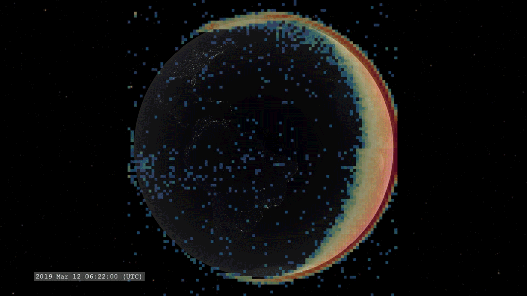 Figure 25: This is a visualization of data taken by the GOLD spectrometer aboard the SES-14 satellite. SES 14 is positioned in a geostationary orbit above 47.5º west longitude so it always observes the same hemisphere. This data is of ultraviolet emission from Earth's ionosphere in a band near the wavelength of 135.6 nm, an emission line of atomic oxygen (image credit: NASA's Scientific Visualization Studio/Tom Bridgman/Joy Ng)