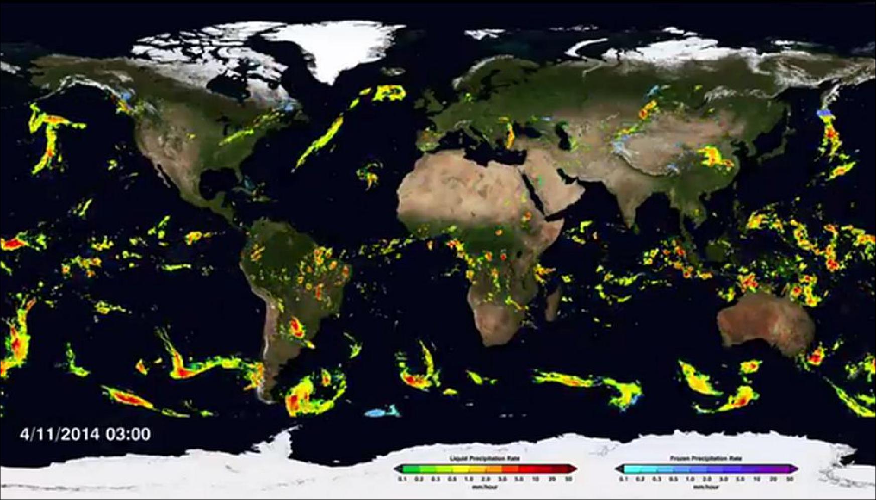 Figure 58: The GPM mission produced its first global rainfall & snowfall map from April to September 2014 (image credit: NASA/GSFC, the video can be seen in Ref. 94)