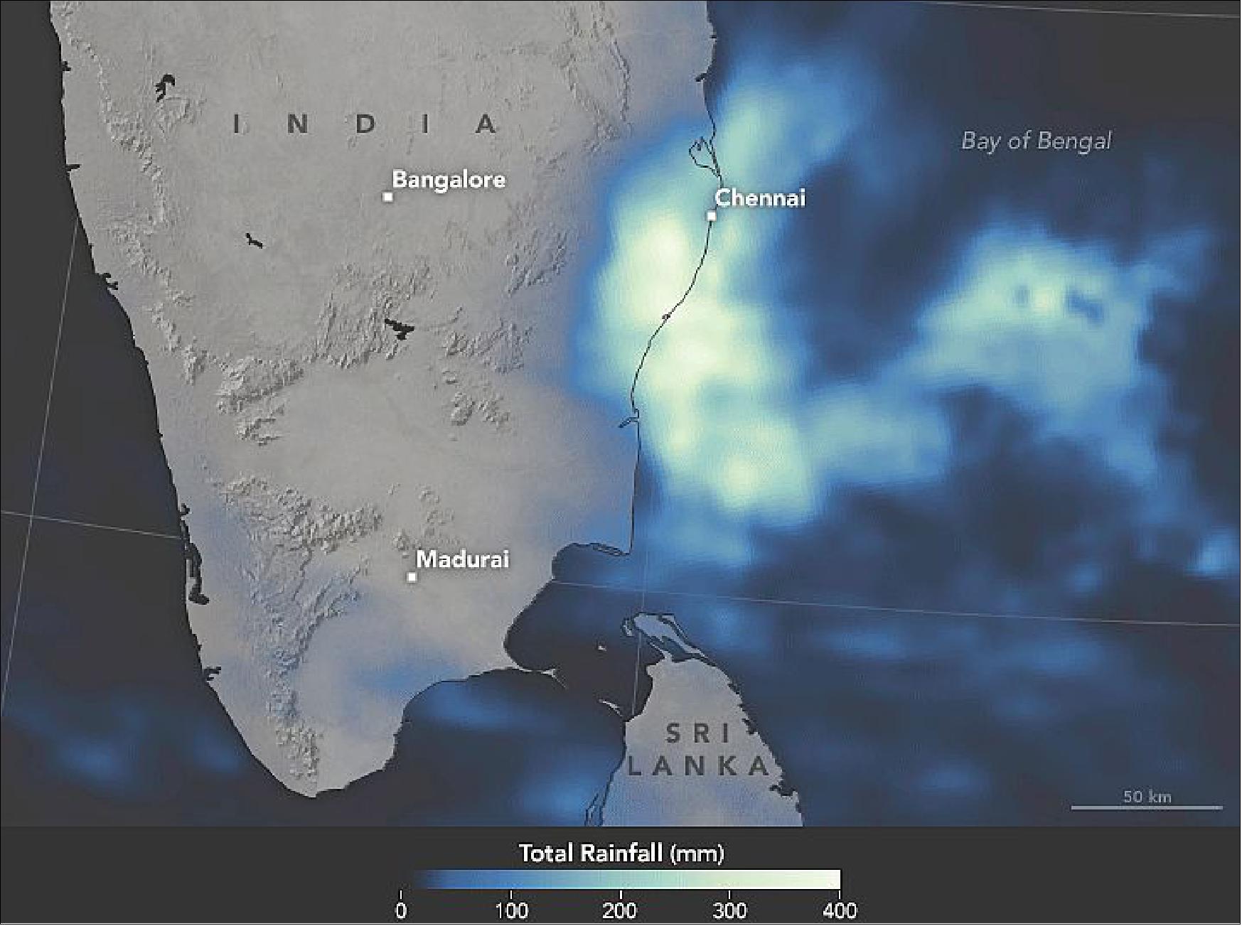 Figure 55: GPM based estimates of rainfall over southeastern India on December 1–2, 2015 (image credit: NASA Earth Observatory, Joshua Stevens)