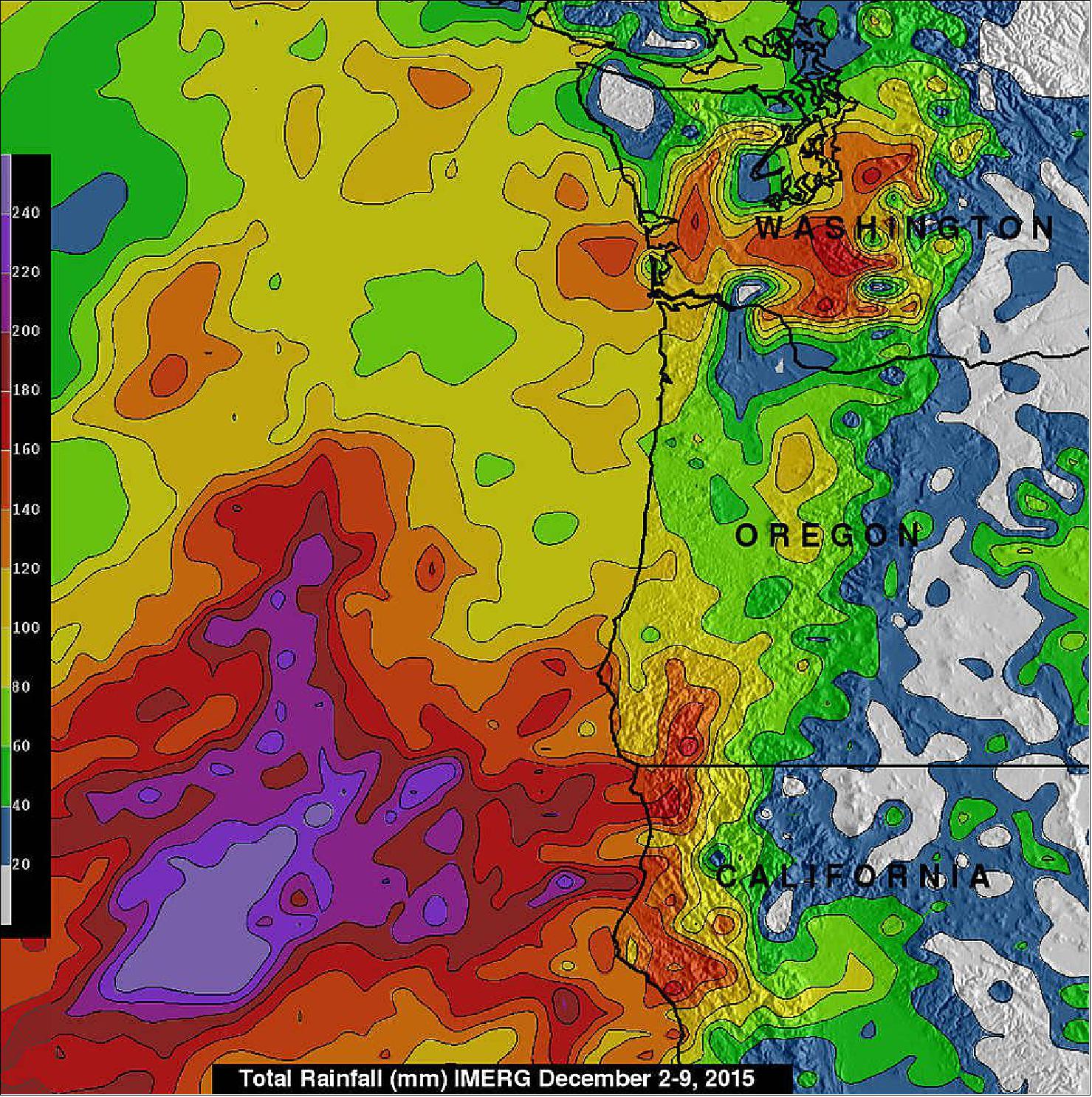Figure 54: NASA's IMERG measured rainfall from Dec. 2 to 9 and found that many areas from northern California through the state of Washington had rainfall totals greater than 160 mm. Over open waters of the Pacific Ocean some rainfall totals reached over 310 mm (image credit: NASA/JAXA/SSAI, Hal Pierce)