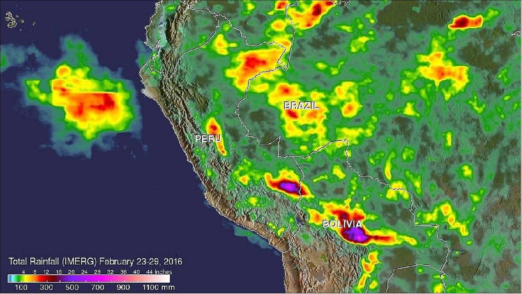 Figure 53: NASA's IMERG data collected from February 23-29, 2016 were used to estimate rainfall totals over this area of South America. The highest rainfall total estimates for this period were over 700 mm (27.6 inches). These extreme rainfall total estimates were shown east of the Andes in southeastern Peru and Bolivia (image credit: NASA, JAXA, SSAI, Hal Pierce)
