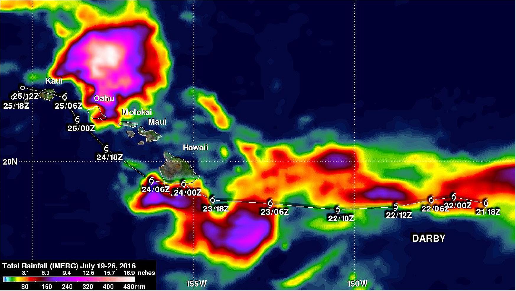 Figure 51: Estimates of rainfall accompanying tropical storm Darby were produced using NASA's IMERG (Integrated Multi-satellitE Retrievals for GPM) data. These IMERG rainfall accumulation totals were calculated for the period from July 19-26, 2016.Darby had weakened from a category one hurricane to a tropical storm before moving into the Central Pacific. The IMERG estimates indicate that Darby dropped extremely heavy rainfall at times. The greatest rainfall total estimates during this period were located north of Oahu where 480 mm fell (image credit: SSAI/NASA/GSFC, Hal Pierce)