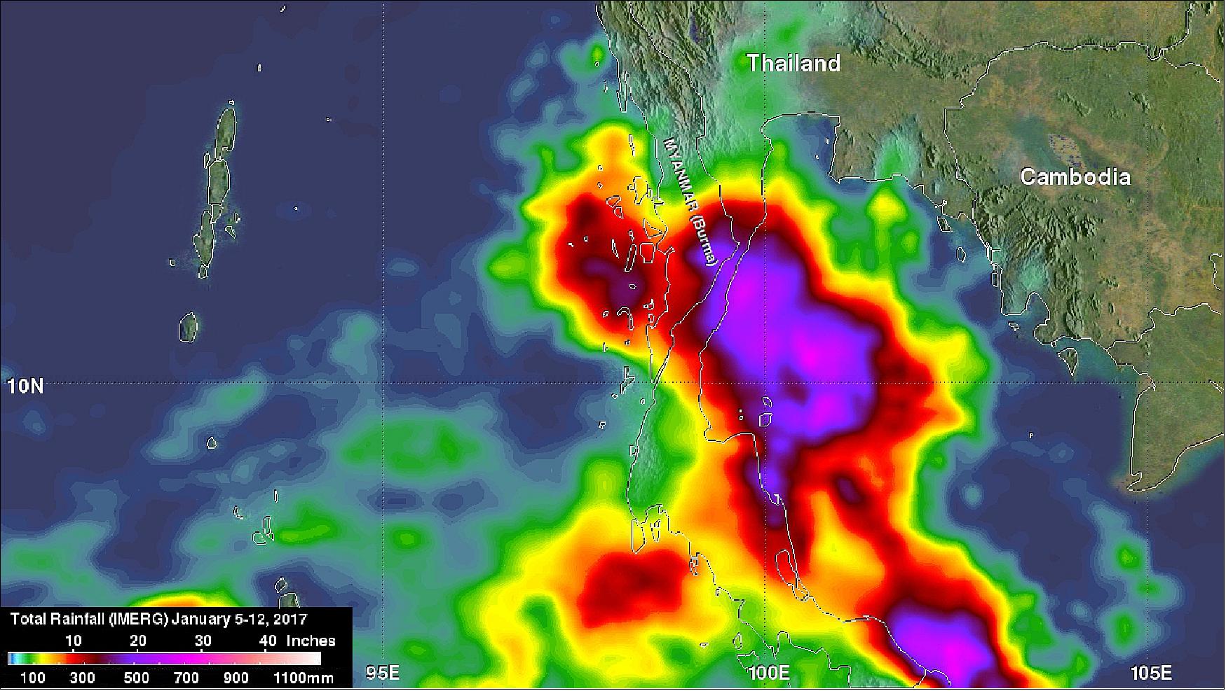 Figure 49: NASA calculated rainfall over southern Thailand from Jan. 5 to 12, 2017. Extreme rainfall totals of over 700 mm were found over the Gulf of Thailand. Highest totals over land were greater than 500 mm on the eastern coast of the Malay Peninsula in the Bang Saphan District (image credit: NASA/JAXA, Hal Pierce)