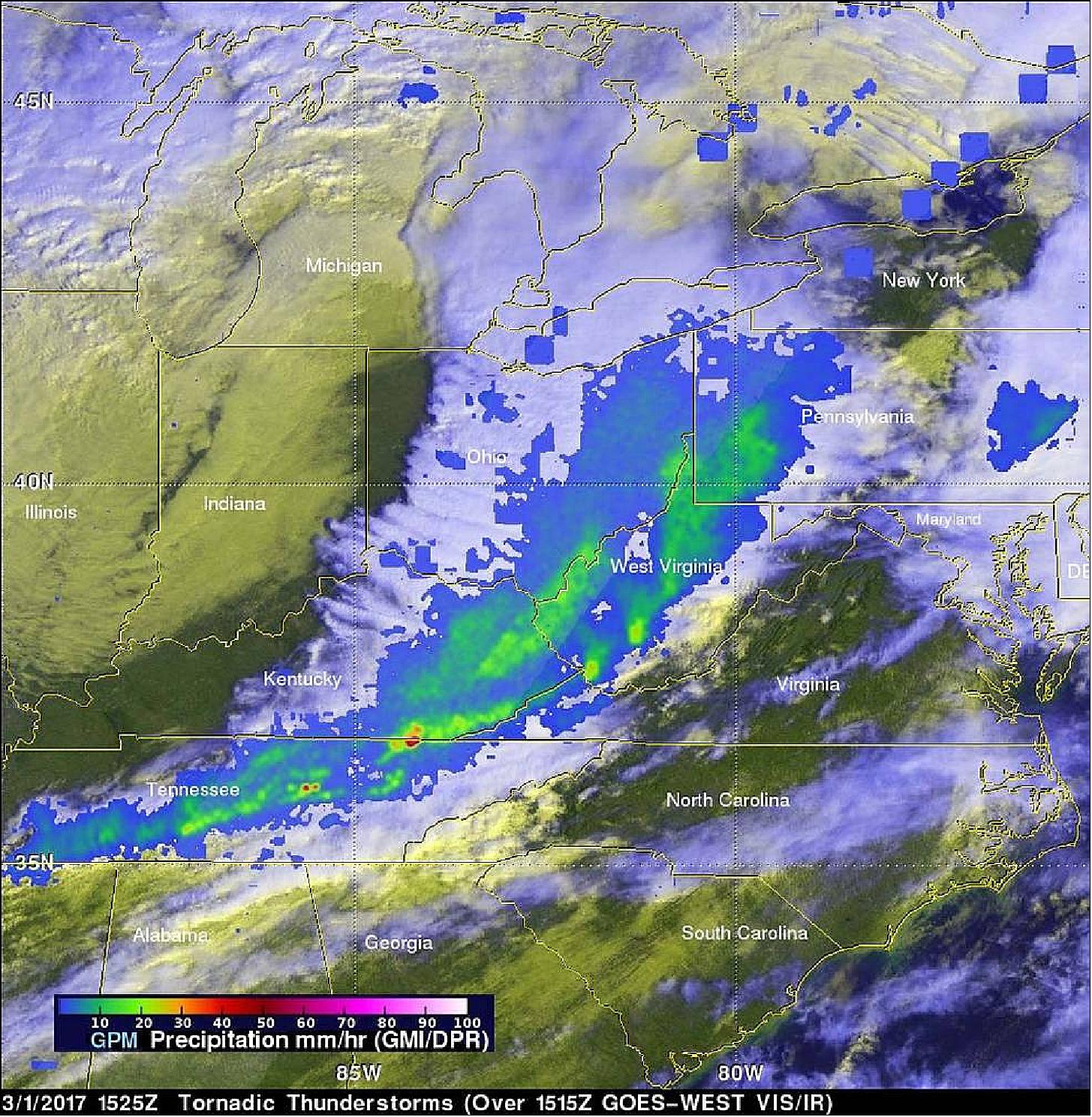 Figure 48: This GPM rainfall image, combined with infrared cloud data from NOAA's GOES-West satellite, shows the line of storms that stretched from Pennsylvania to Alabama on March 1, 2017. Red areas indicate rainfall up to 50 mm per hour (image credit: NASA/JAXA, Hal Pierce)