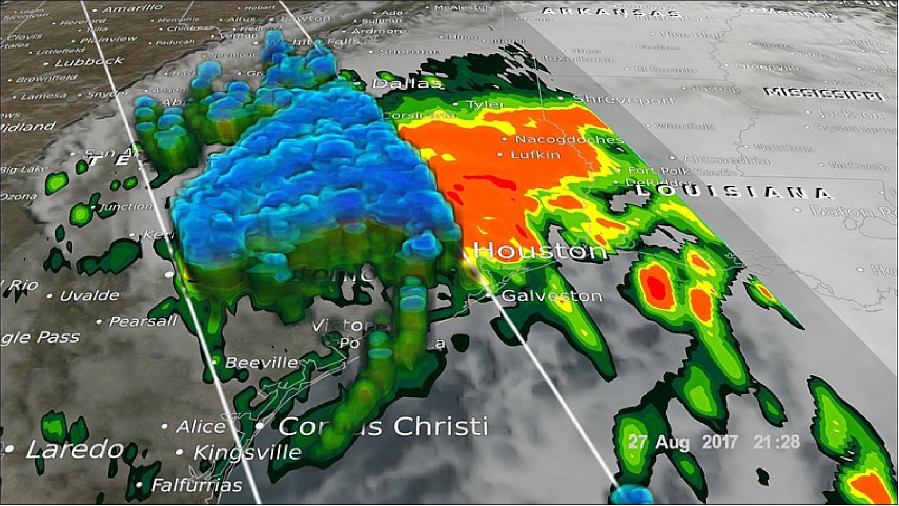 Figure 44: NASA's GPM Core Observatory captured these images of Hurricane Harvey at 6:45 a.m. CDT (1145 UTC) and 4:25 p.m. CDT (2125 UTC) on August 27, nearly two days after the storm made landfall near Victoria, Texas. The image shows rain rates derived from GPM's GMI microwave imager (outer swath) and dual-frequency precipitation radar or DPR (inner swath) overlaid on enhanced infrared data from NOAA’s GOES East satellite (image credit: NASA Scientific Visualization Studio)