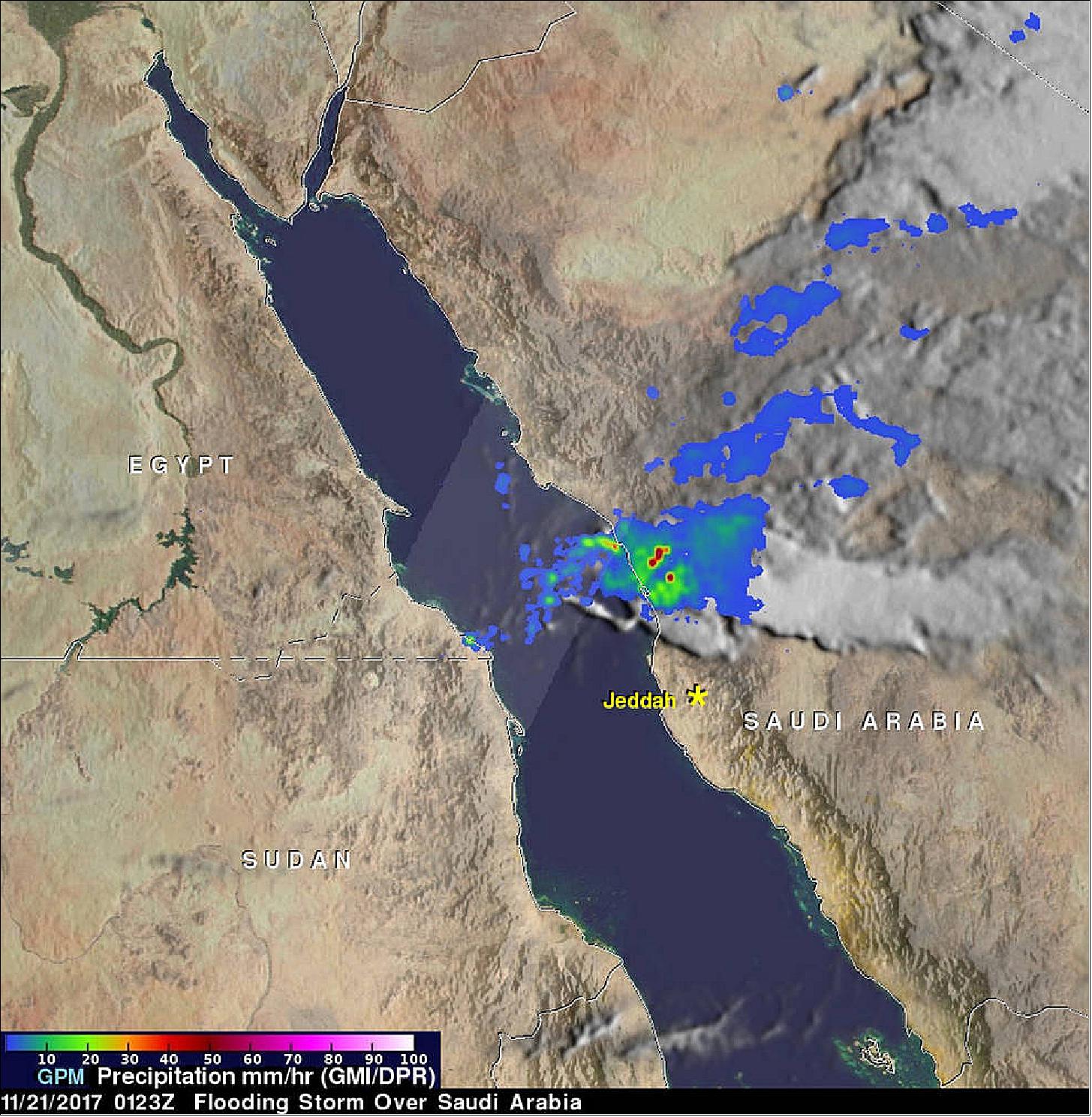 Figure 41: On Nov. 21 at 01:23 UTC, GPM indicated an intense thunderstorm located over Saudi Arabia north of Jeddah was dropping rain at a rate of over 115.5 mm/hr. GPM's DPR swath (shown in lighter shades) measured precipitation in a storm located over the Red Sea that was producing rain at a rate of over 90 mm/hr (image credit: NASA/JAXA, Hal Pierce)