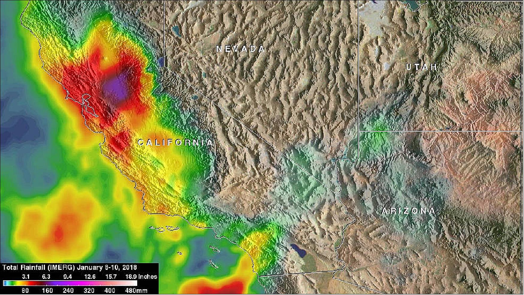 Figure 39: NASA's IMERG (Integrated Multi-Satellite Retrievals for GPM) analysis of Jan 8 through 10, 2018 revealed that the heaviest rainfall occurred over the Sacramento Valley where over 8 inches (203 mm) were indicated. A rainfall total of 5 inches (127 mm) was reported in Ventura County (image credit: NASA/JAXA/Hal Pierce)