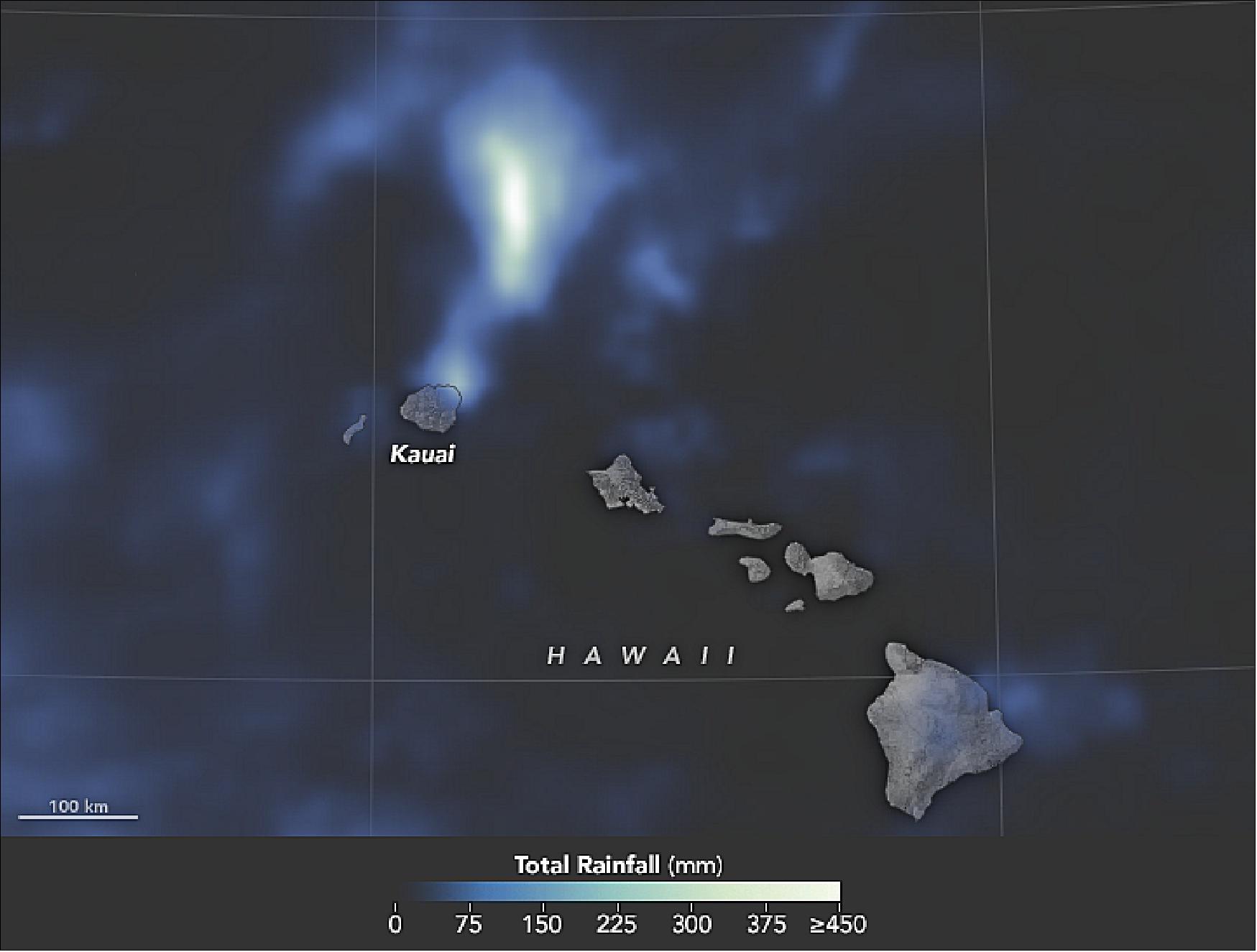 Figure 36: This map shows rainfall accumulation over the Kauai area from April 12 to April 19. These rainfall data are remotely–sensed estimates that come from the Integrated Multi-Satellite Retrievals for GPM (IMERG), a product of the Global Precipitation Measurement mission (image credit: NASA Earth Observatory, image by Joshua Stevens, using IMERG data from the Global Precipitation Mission (GPM) at NASA/GSFC, story by Kasha Patel)