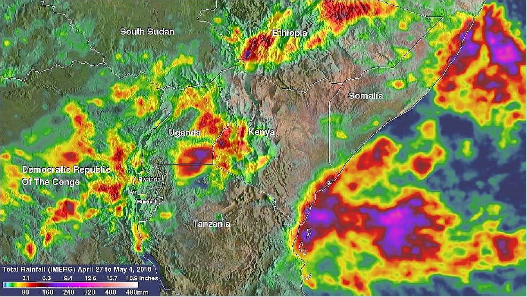 Figure 35: From April 27 to early May 4, 2018, NASA’s IMERG product calculated rainfall over eastern Africa. Rainfall totals in some areas near the Indian Ocean coast were estimated by IMERG to be greater than 430 mm. Over western Kenya and eastern Uganda rainfall was estimated by IMERG to frequently exceed 200 mm (image credit: NASA/JAXA, Hal Pierce)