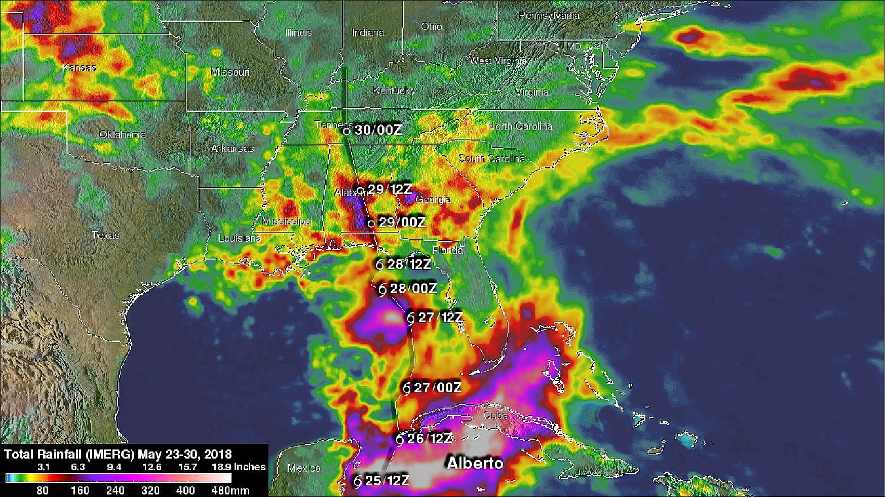 Figure 34: IMERG rainfall estimates were compiled for the 1-week period from May 23 at 4:30 a.m. EDT (08:30 UTC) to May 30 at 4 a.m. EDT (08:00 UTC) showed upwards of 500 mm of rain (~20 inches) over the northwestern Caribbean. Rainfall amounts of at least 5 to 15 inches (shown in dark red, purple and pink) cover most of western Cuba (image credit: NASA/JAXA, Hal Pierce)