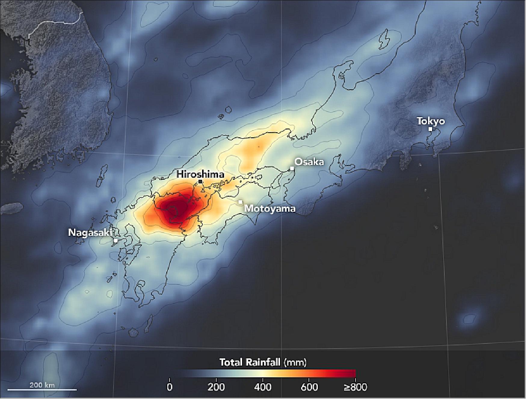 Figure 33: This map shows rainfall accumulation from 3 a.m. (Japan Standard Time) on July 2 to 3 a.m. on July 9, 2018. Thirteen prefectures on Japan’s mainland received deadly amounts of rain. Hiroshima and Okayama, in the southern part of Honshu Island, were among the worst flooded areas (image credit: NASA Earth Observatory image by Joshua Stevens, using IMERG data from the GPM mission at NASA/GSFC, text by Kasha Patel)