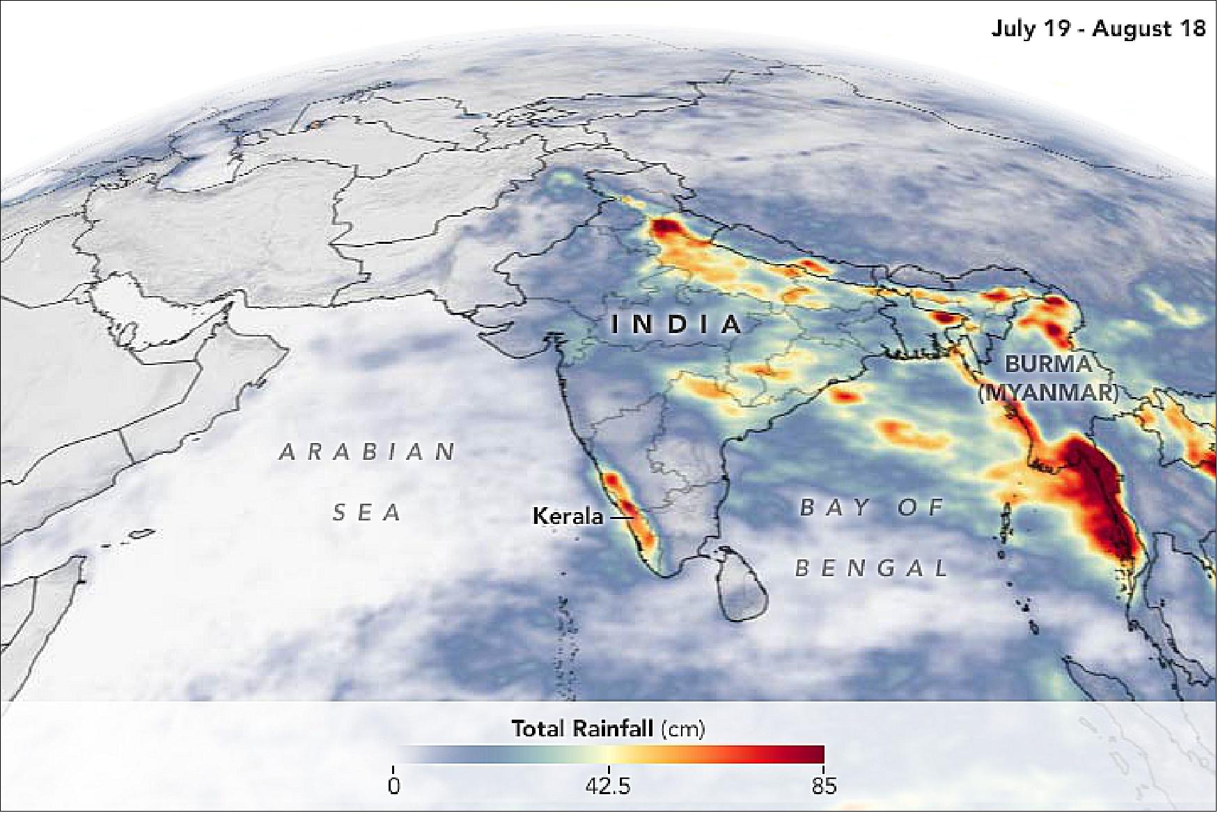 Figure 32: The image shows satellite-based rainfall accumulation from July 19 to August 18, 2018. Rainfall peaked in Kerala on July 20 and again reached abnormally high levels between August 8 and 16. Since the beginning of June, the region received 42 percent more rainfall than normal for this time period. In the first 20 days of August, the region experienced 164 percent more rain than normal (image credit: NASA Earth Observatory, images by Joshua Stevens, using IMERG data from the GPM (Global Precipitation Mission) at NASA/GSFC, story by Kasha Patel)