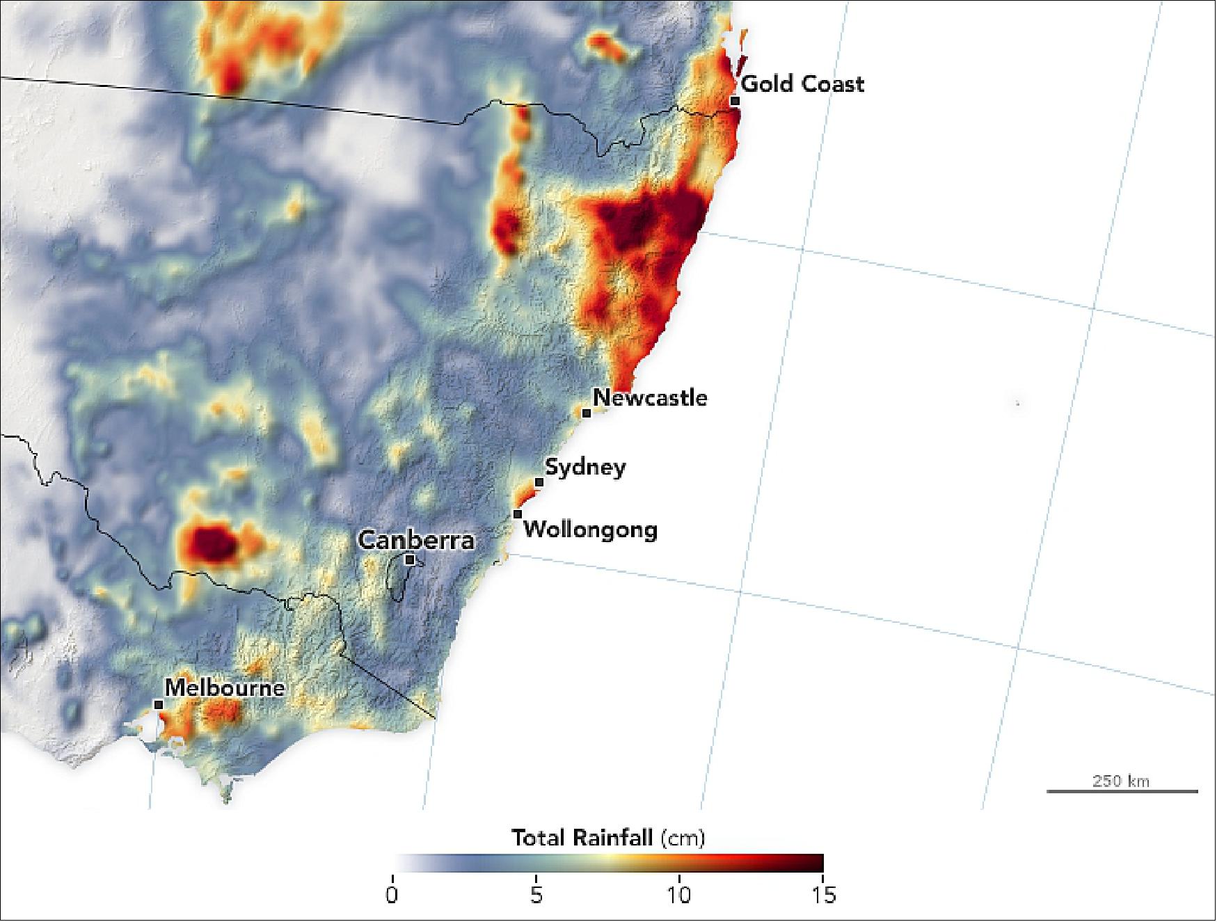 Figure 25: Bushfire counts dipped in mid-January when much-needed rainfall poured down on New South Wales and Victoria. The map shows rainfall accumulation from January 15-21, 2020, in New South Wales and neighboring states. These data are remotely-sensed estimates that come from the Integrated Multi-Satellite Retrievals for GPM (IMERG), a product of the Global Precipitation Measurement (GPM) mission. Local rainfall amounts can be significantly higher when measured from the ground (image credit: NASA Earth Observatory, image by Joshua Stevens, using IMERG data from the GPM mission at NASA/GSFC. Story by Kathryn Hansen)