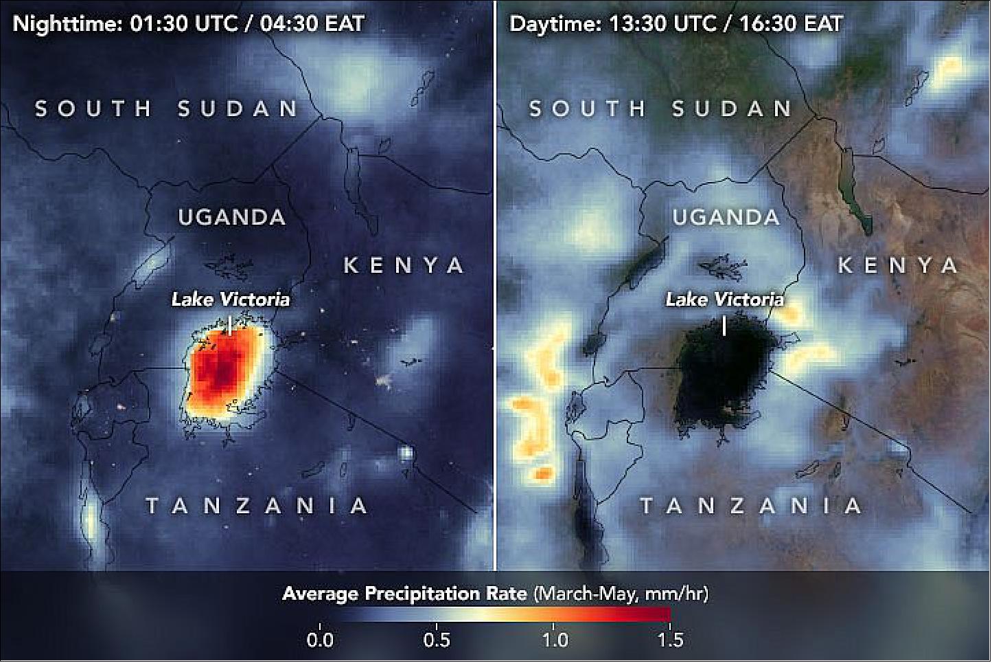 Figure 22: In the animation, precipitation peaks over land at around 4:30 pm EAT (16:30 hr) local time, when thunderstorms are typically most active due to afternoon surface heating from the Sun. Rainfall is particularly apparent to the northeast and west of Lake Victoria, where mountain ranges also help drive the upward motion of warm air masses (image credit: NASA Earth Observatory)