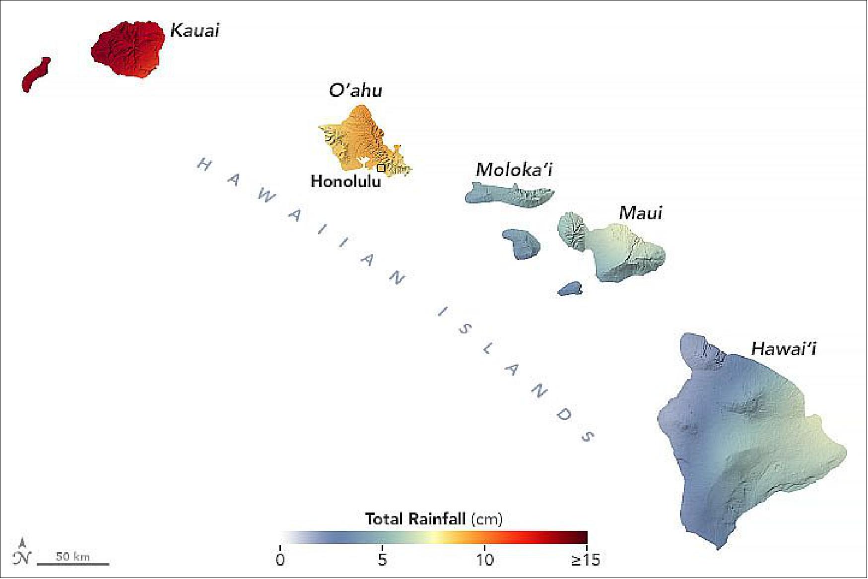 Figure 20: Flash floods, landslides, and power outages plagued the islands after torrential rains fell. This map shows the rainfall accumulation across the region from March 5 to 12, 2021. The data are remotely-sensed estimates that come from the Integrated Multi-Satellite Retrievals for GPM (IMERG), a product of the Global Precipitation Measurement (GPM) mission. The darkest oranges and reds indicate places where GPM detected rainfall totals exceeding 4 inches (10 cm) during this period. Due to averaging of the satellite data, local rainfall amounts may be significantly higher when measured from the ground. The National Weather Service reported rainfall totals in several towns that topped 10 inches (25 cm) over a 72-hour period [image credit: NASA Earth Observatory image by Joshua Stevens, using IMERG data from the Global Precipitation Mission (GPM) at NASA/GSFC, and topographic data from the Shuttle Radar Topography Mission (SRTM). Story by Adam Voiland]