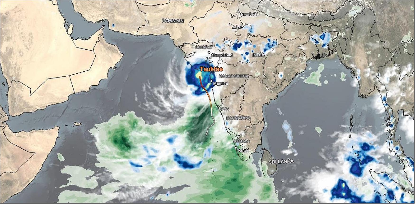 Figure 18: In mid-May, the tropical cyclone Tauktae approached the west coast in India (image credit: NASA)