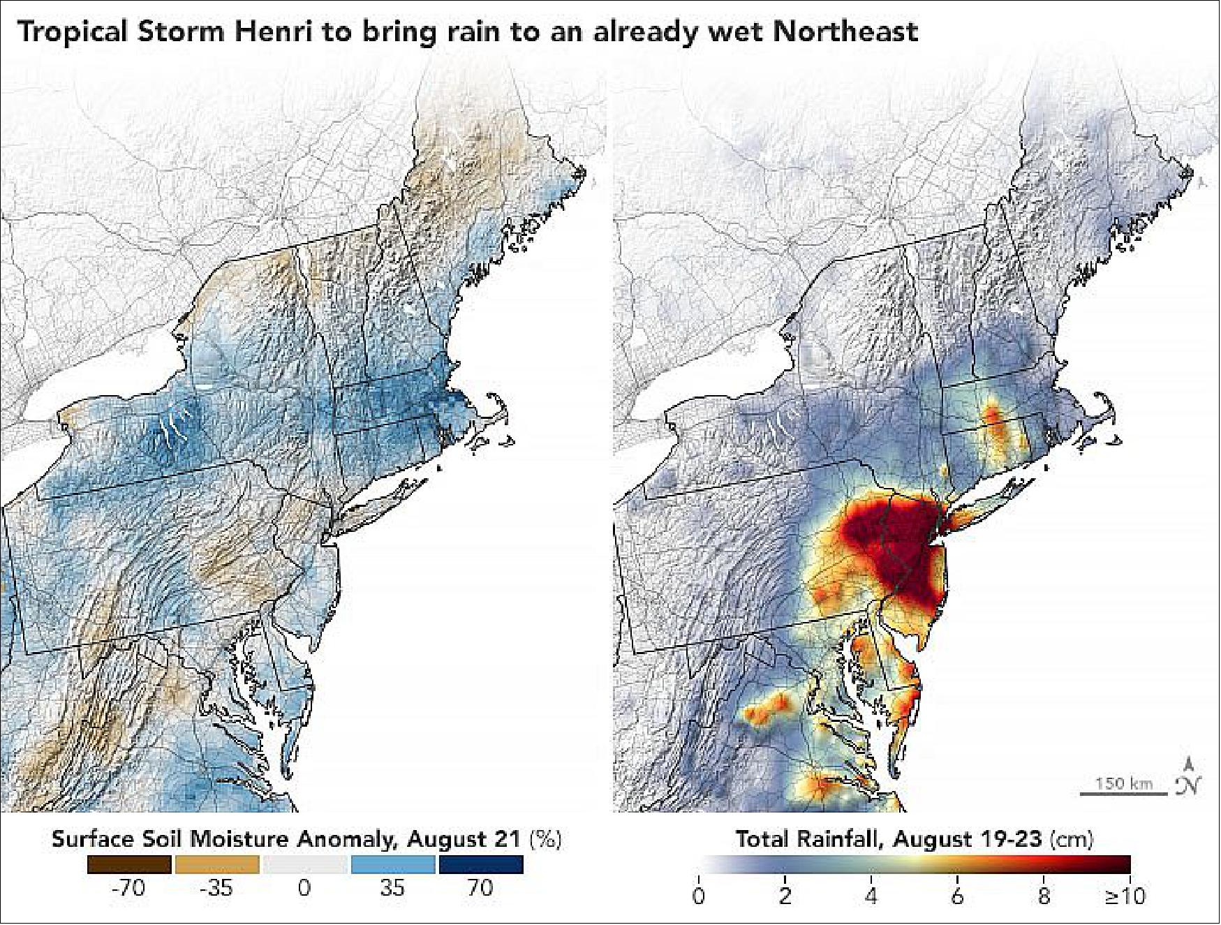 Figure 17: Intense rain fell on Northeast U.S. soils that were already saturated (image credit: NASA Earth Observatory images by Joshua Stevens, using soil moisture data from Crop Condition and Soil Moisture Analytics (Crop-CASMA) and IMERG data from the Global Precipitation Mission (GPM) at NASA/GSFC. Story by Michael Carlowicz)