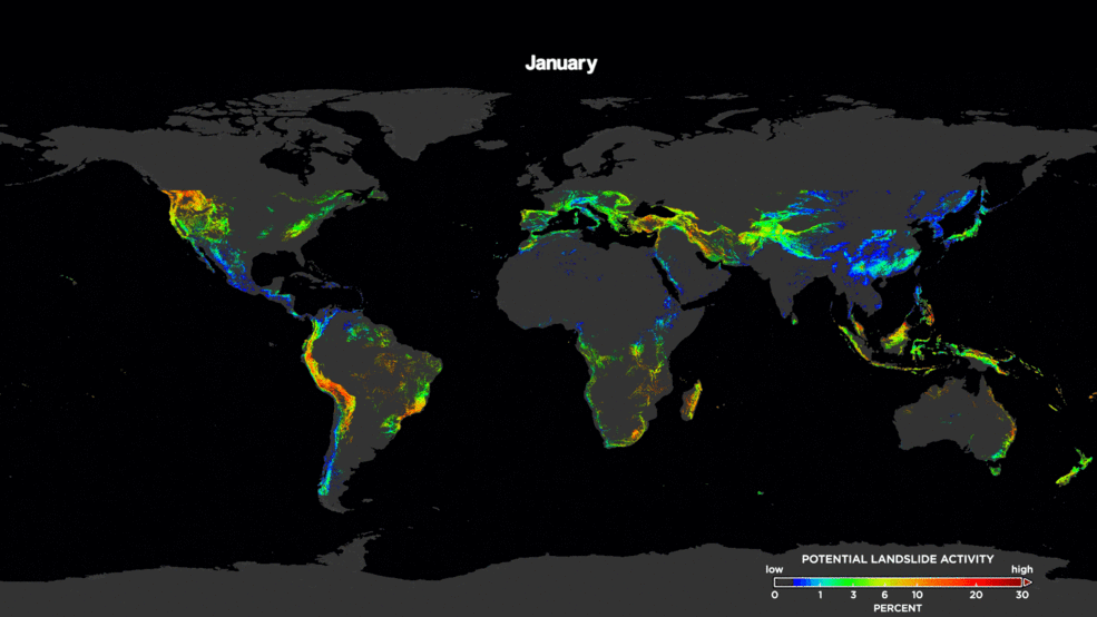 Figure 37: This animation shows the potential landslide activity by month averaged over the last 15 years as evaluated by NASA's LHASA (Landslide Hazard Assessment model for Situational Awareness) model. Here, you can see landslide trends across the world (image credit: NASA/GSFC / Scientific Visualization Studio)
