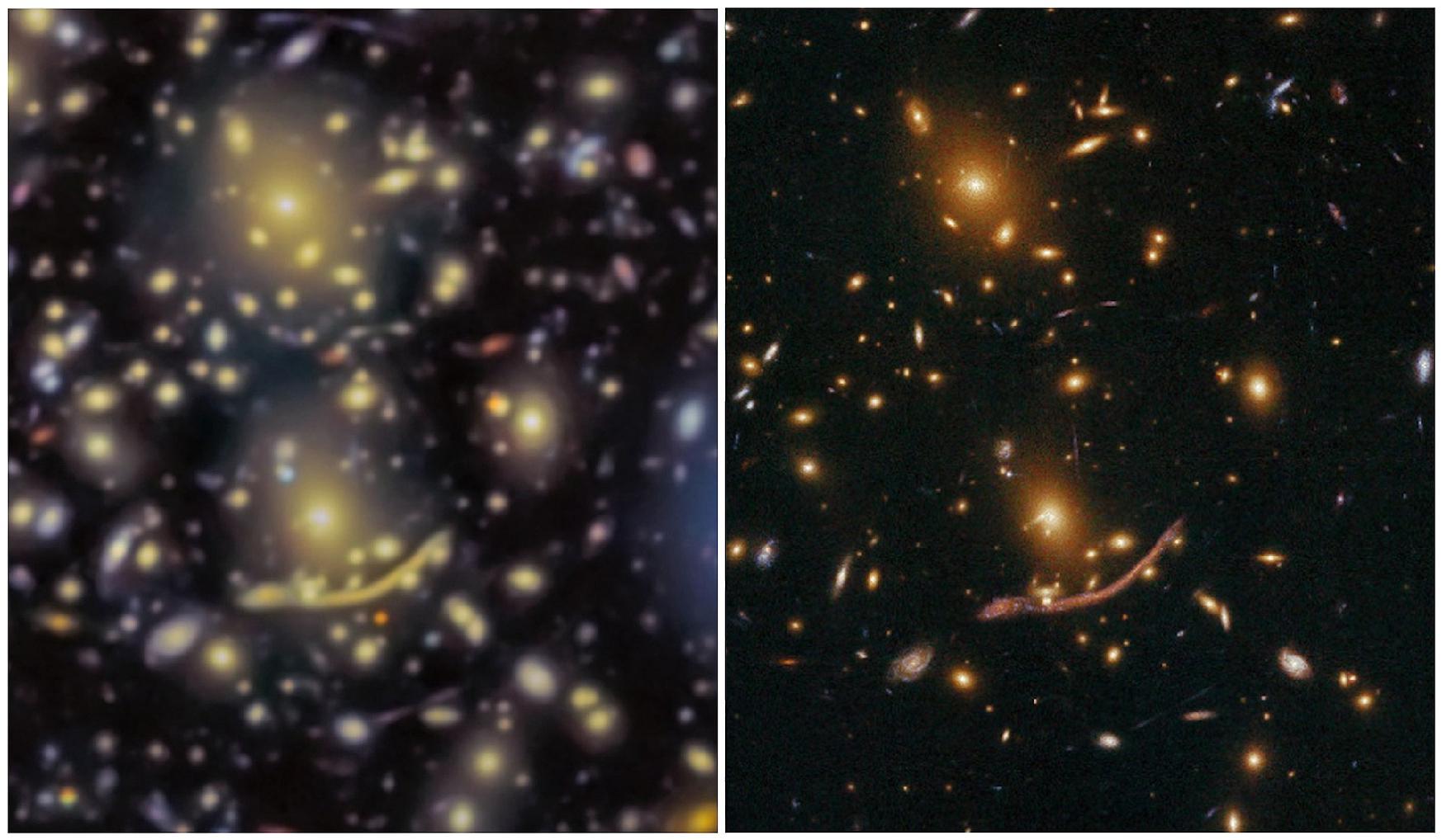 Figure 7: This image compares the center of the cluster as seen with the GTC (left) and with the Hubble Space Telescope (right). The data from the HST have better spatial resolution because they are not affected by the turbulence in the atmosphere. The data from the GTC are even deeper, showing the existence of some galaxies previously unknown and not detected by the HST (image credit: GTC/HST)