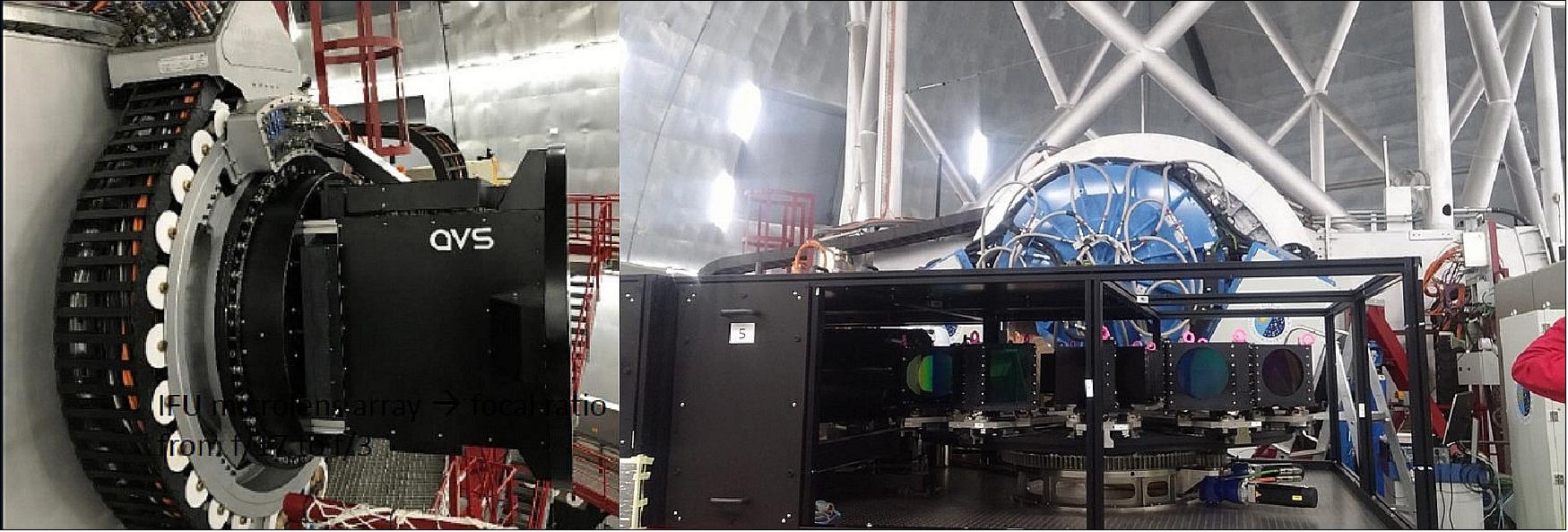 Figure 30: Left: MEGARA focal plane component attached to the Folded-Cass F focal station of GTC. Right: MEGARA spectrograph at the Nasmyth-A focal station (image credit: IAC)
